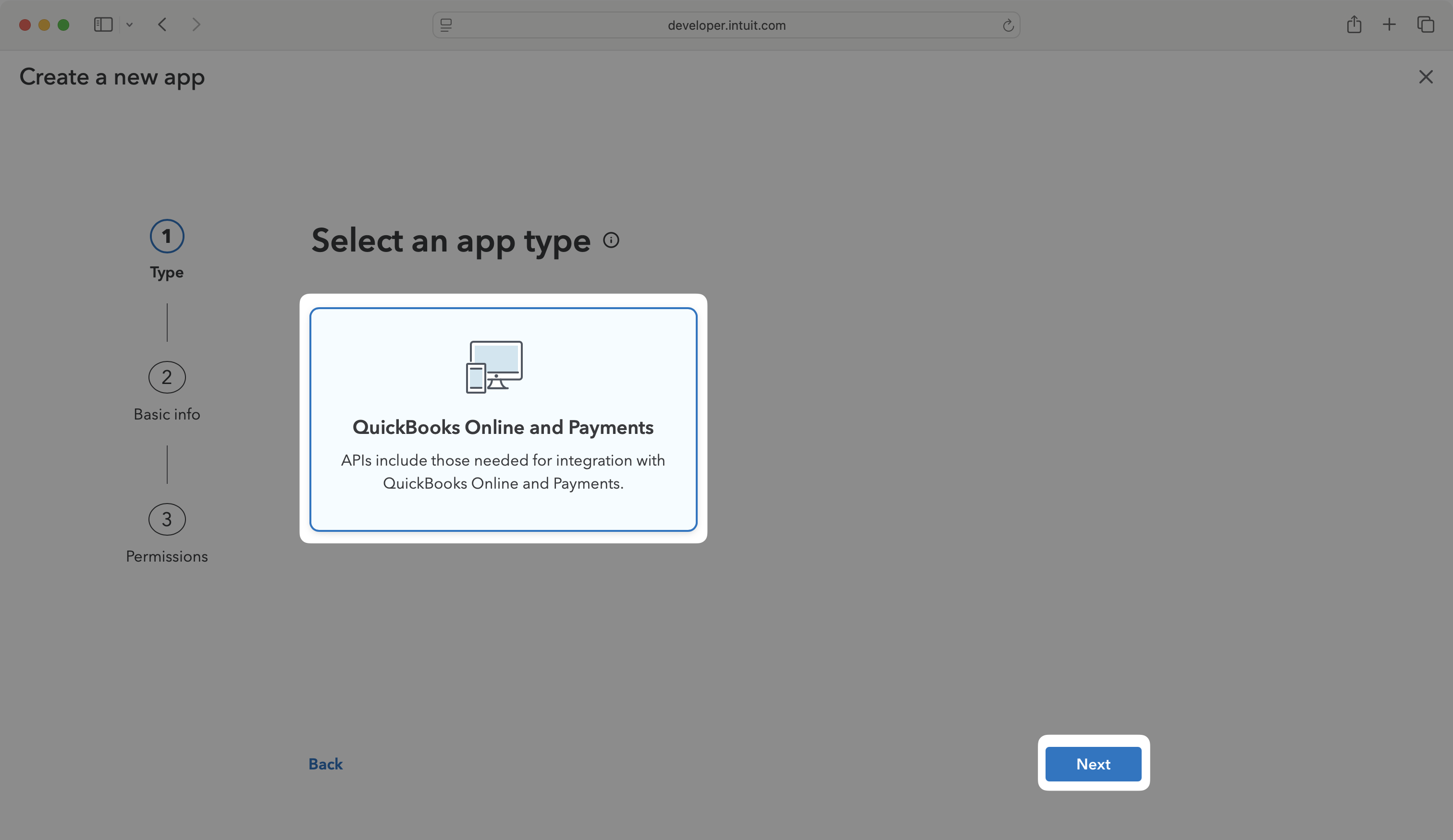 Selecting Intuit App Type