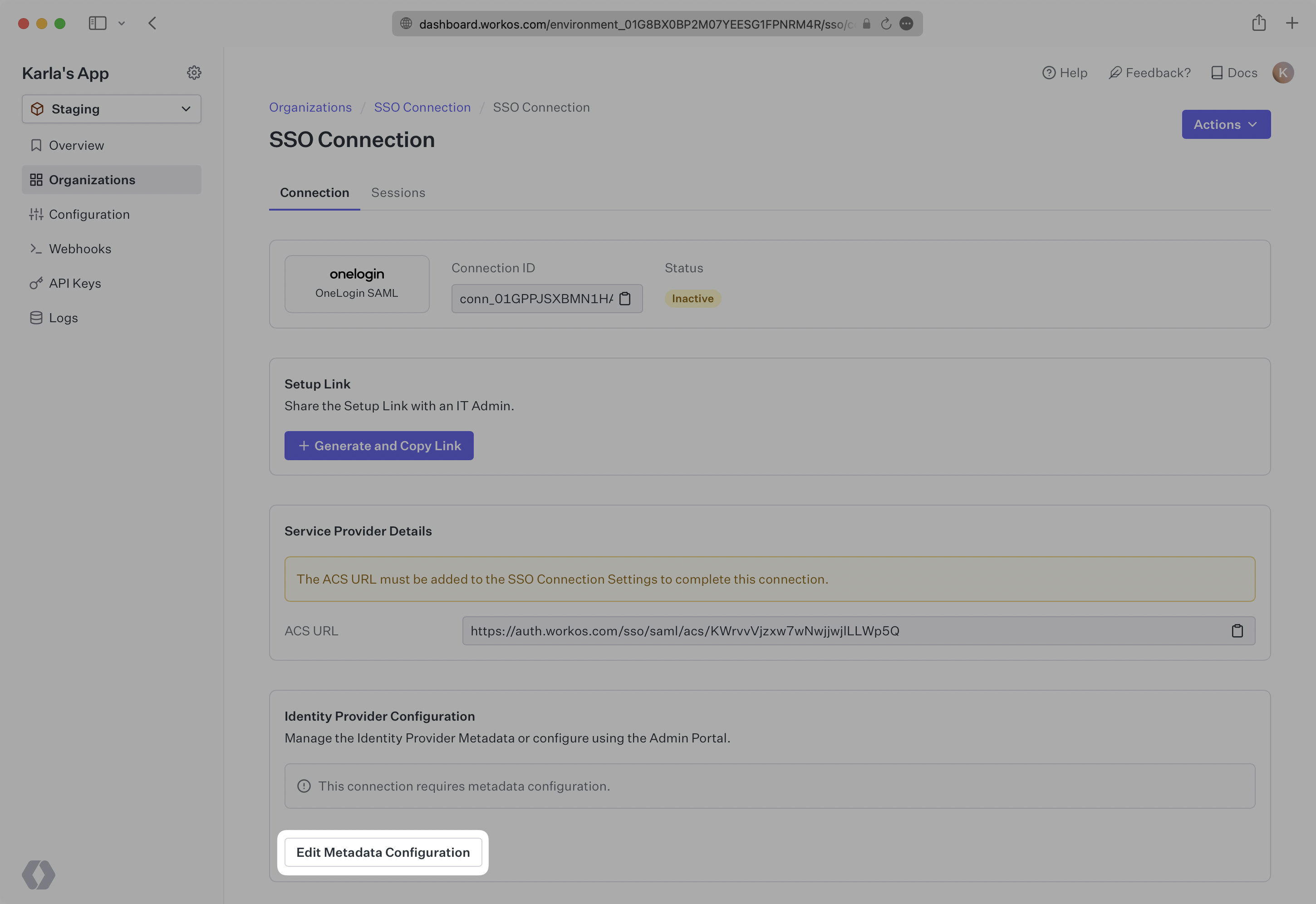 A screenshot showing the “Edit Metadata Configuration” button in the WorkOS Dashboard.