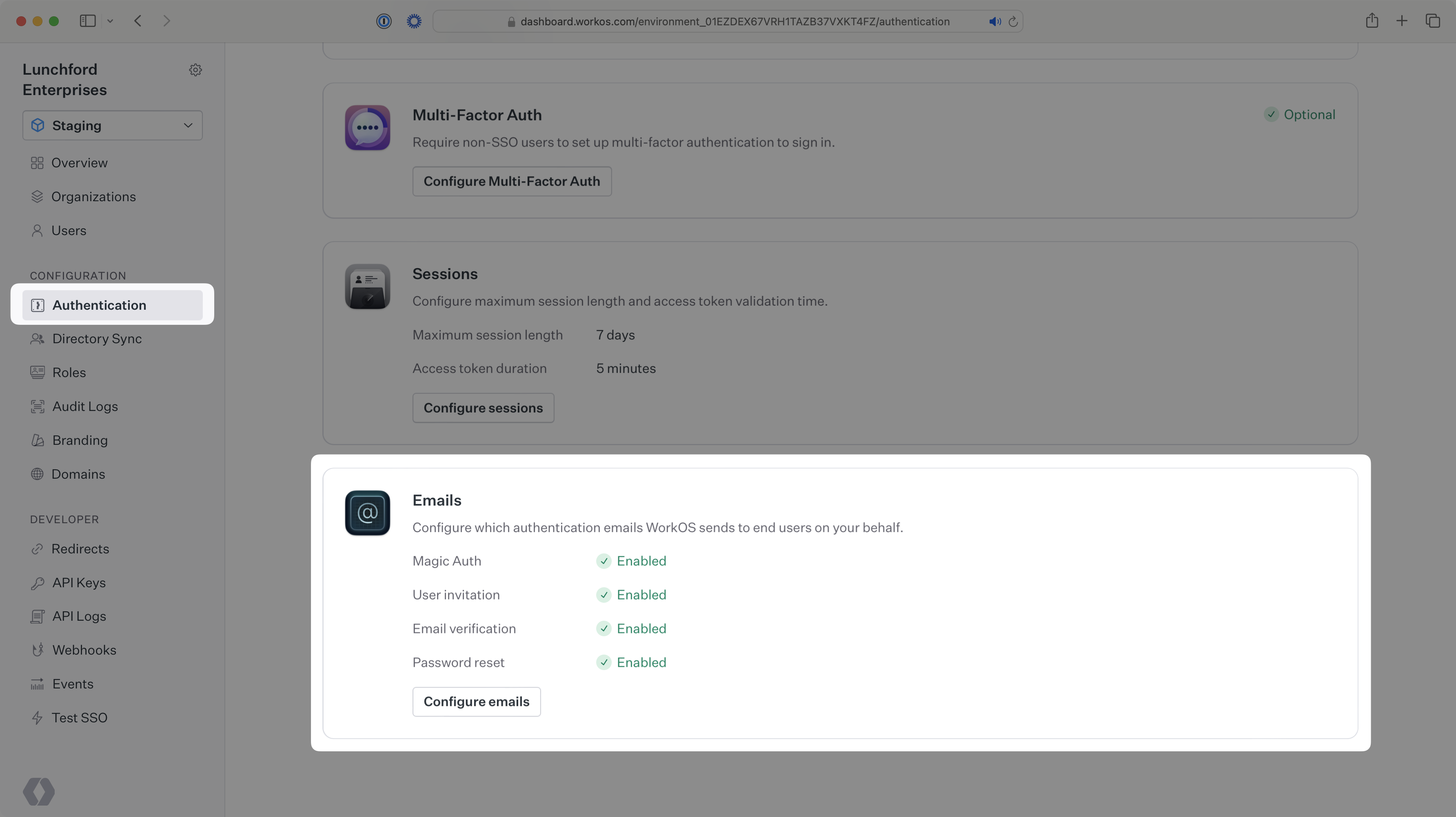 A screenshot showing the WorkOS Dashboard configuration card for emails