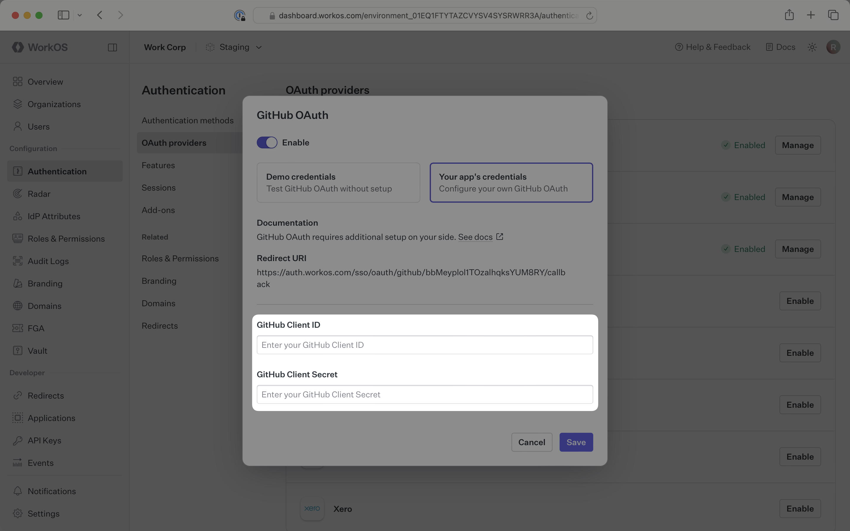 Where to enter the GitHub Client ID and GitHub Client Secret in the WorkOS Dashboard