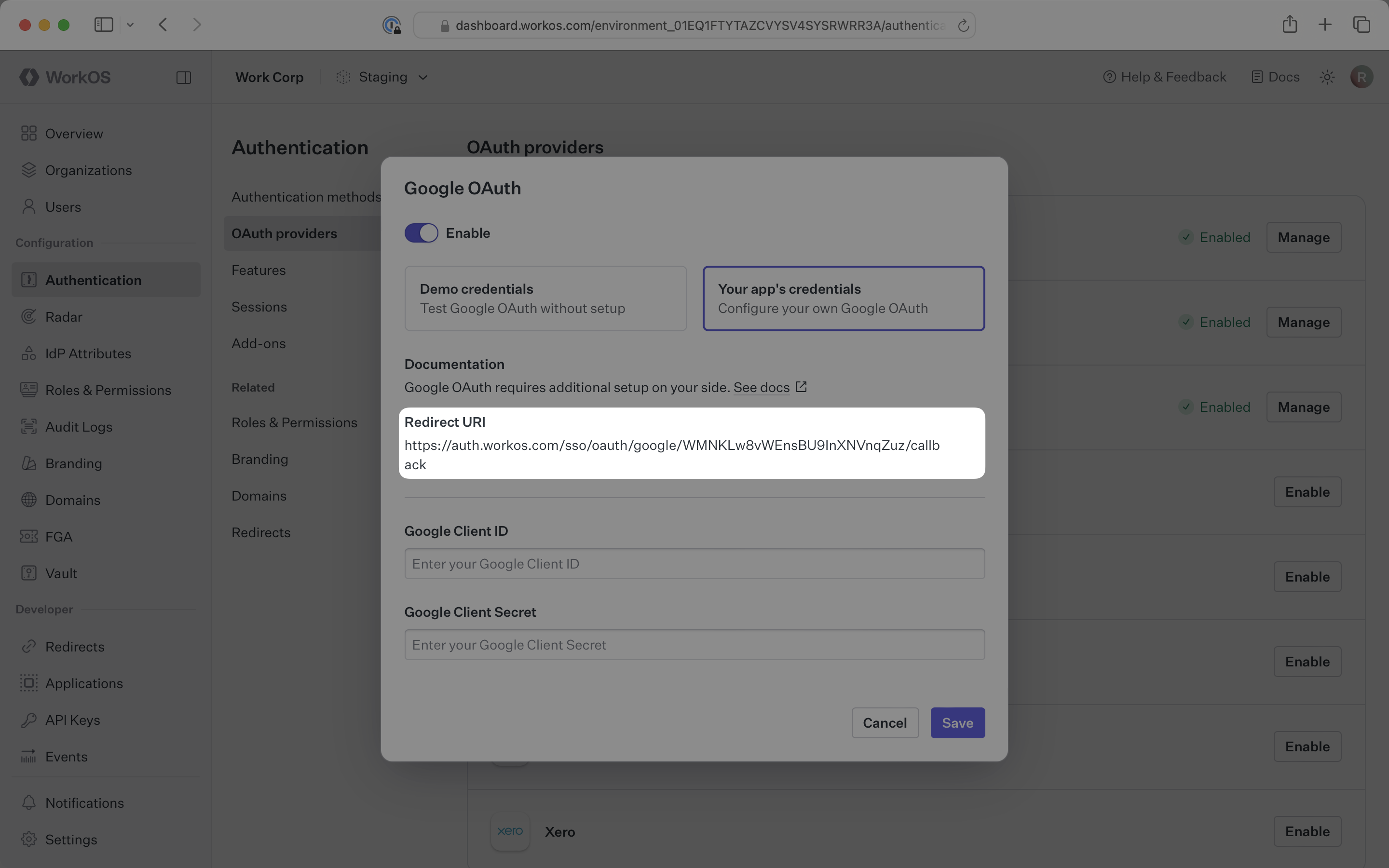 Google OAuth Redirect URI in the WorkOS Dashboard.