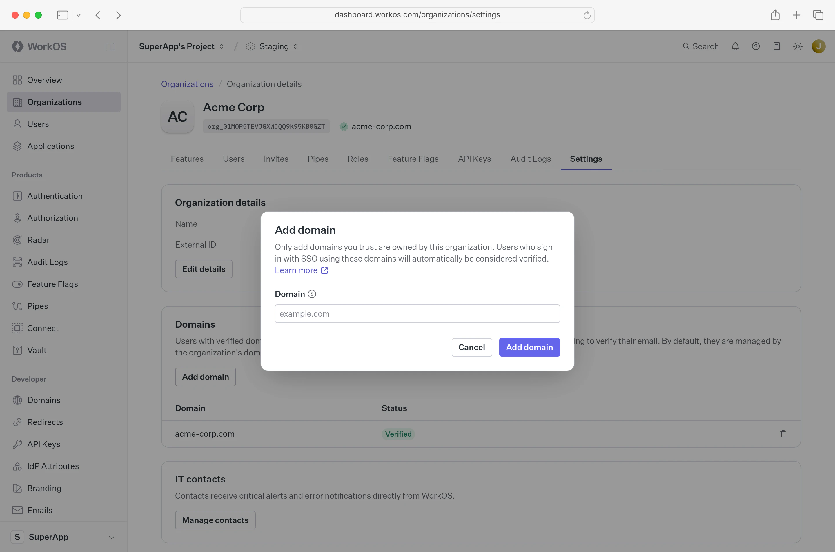 Adding a verified domain in the dashboard