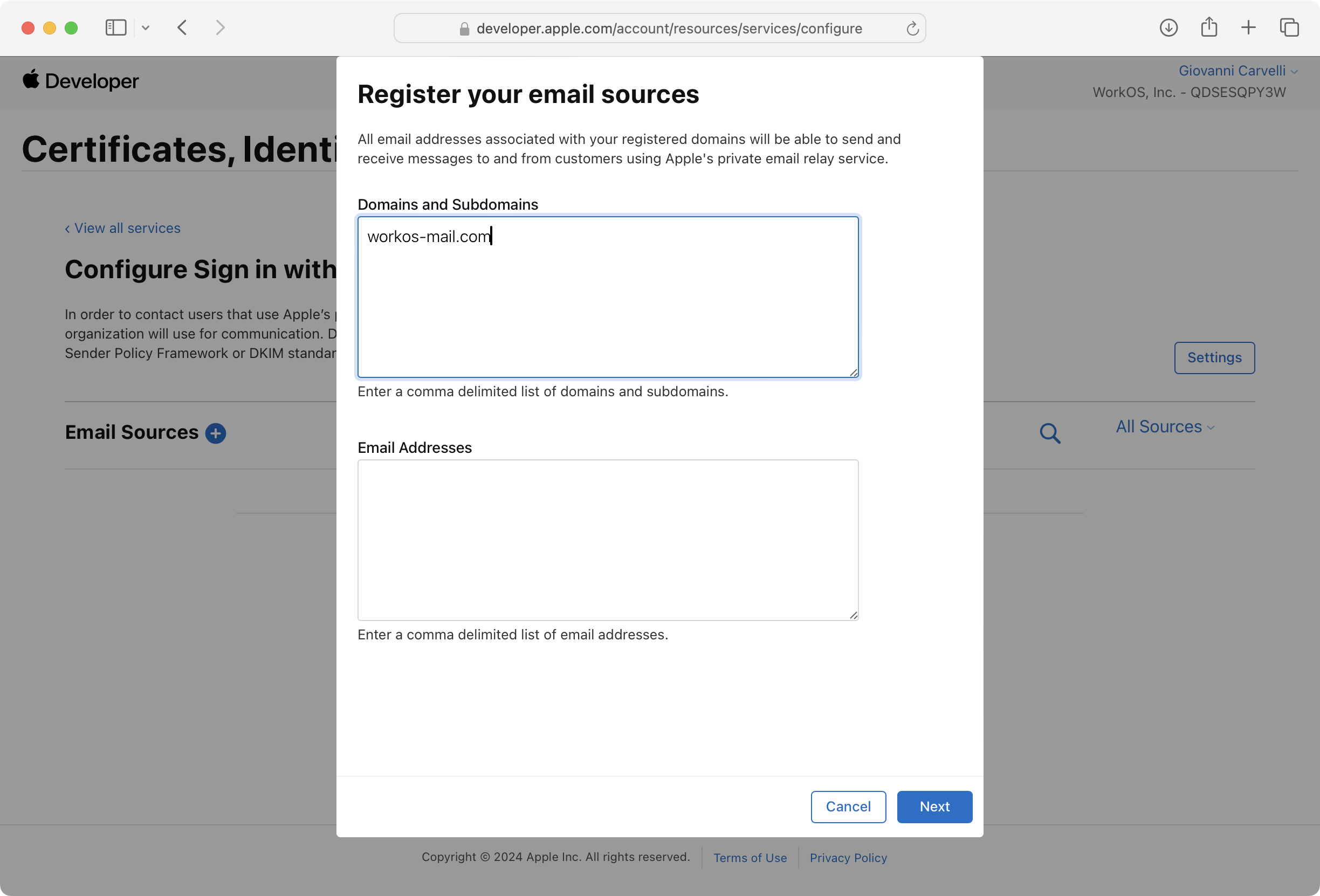 A screenshot showing the modal to register Email Sources. The domains from the WorkOS dashboard are in the Domains and Subdomains text box.