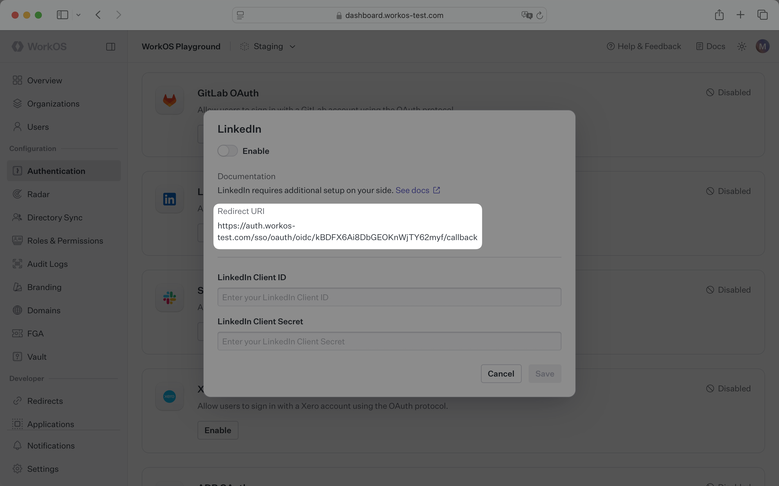A screenshot showing the LinkedIn OAuth configuration modal in the WorkOS Dashboard.