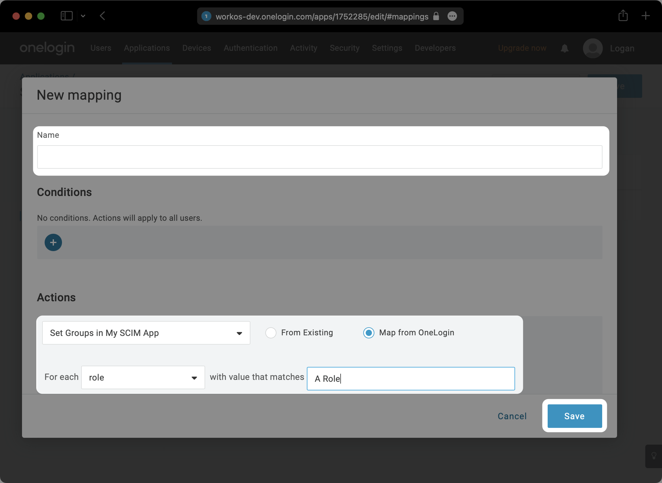 A screenshot showing how to configure a "New Mapping" in OneLogin