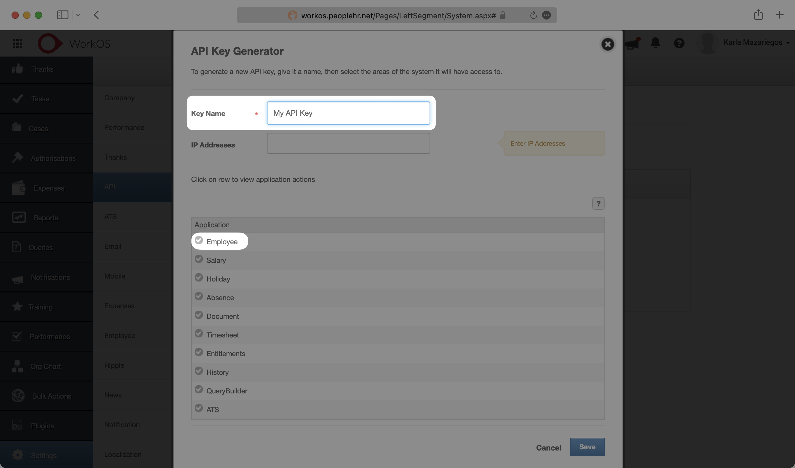 A screenshot showing where the "Employee" option is location in the Access People HR Dashboard.