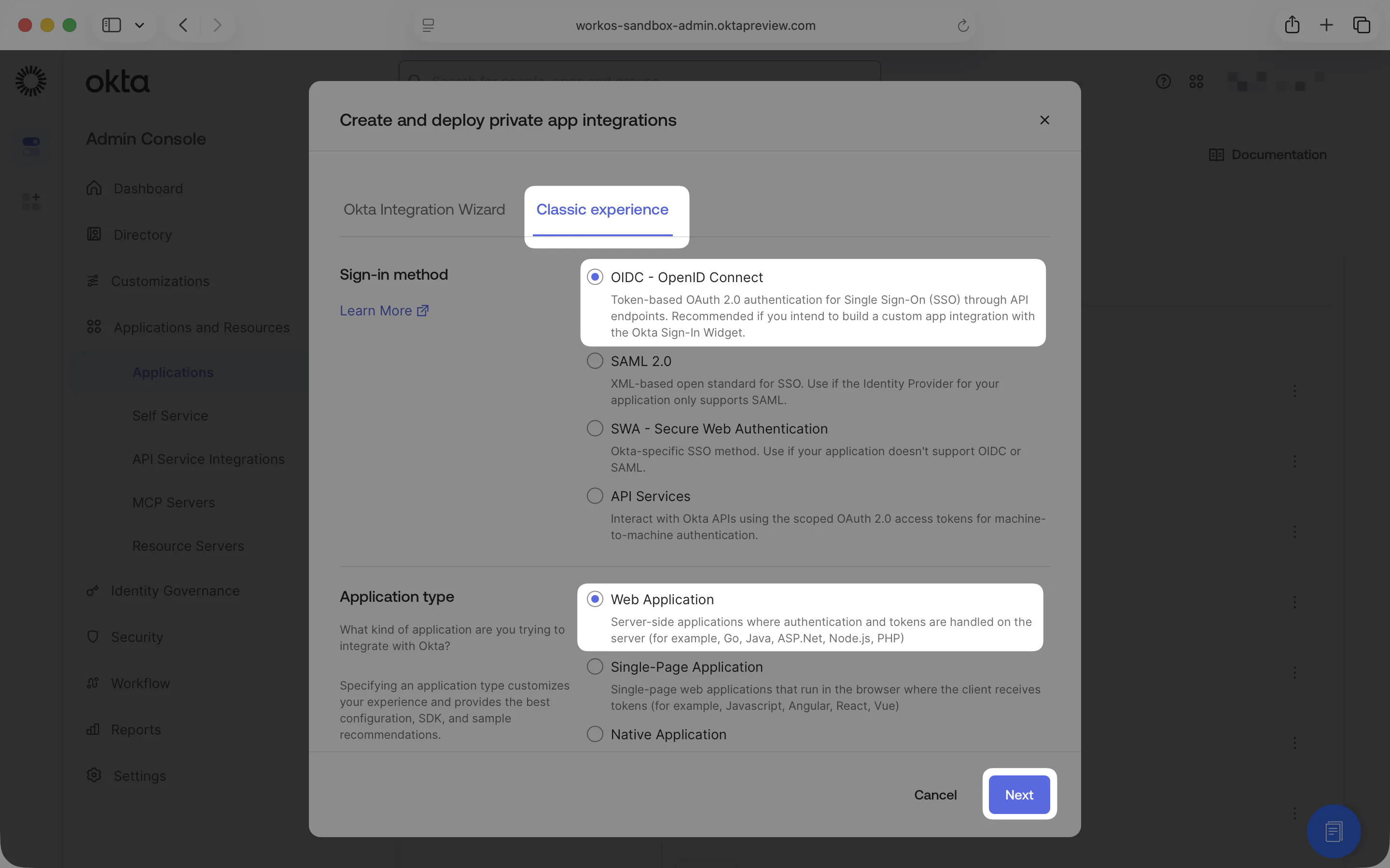 Create app integration dialog with OIDC - OpenID Connect and Web Application selected