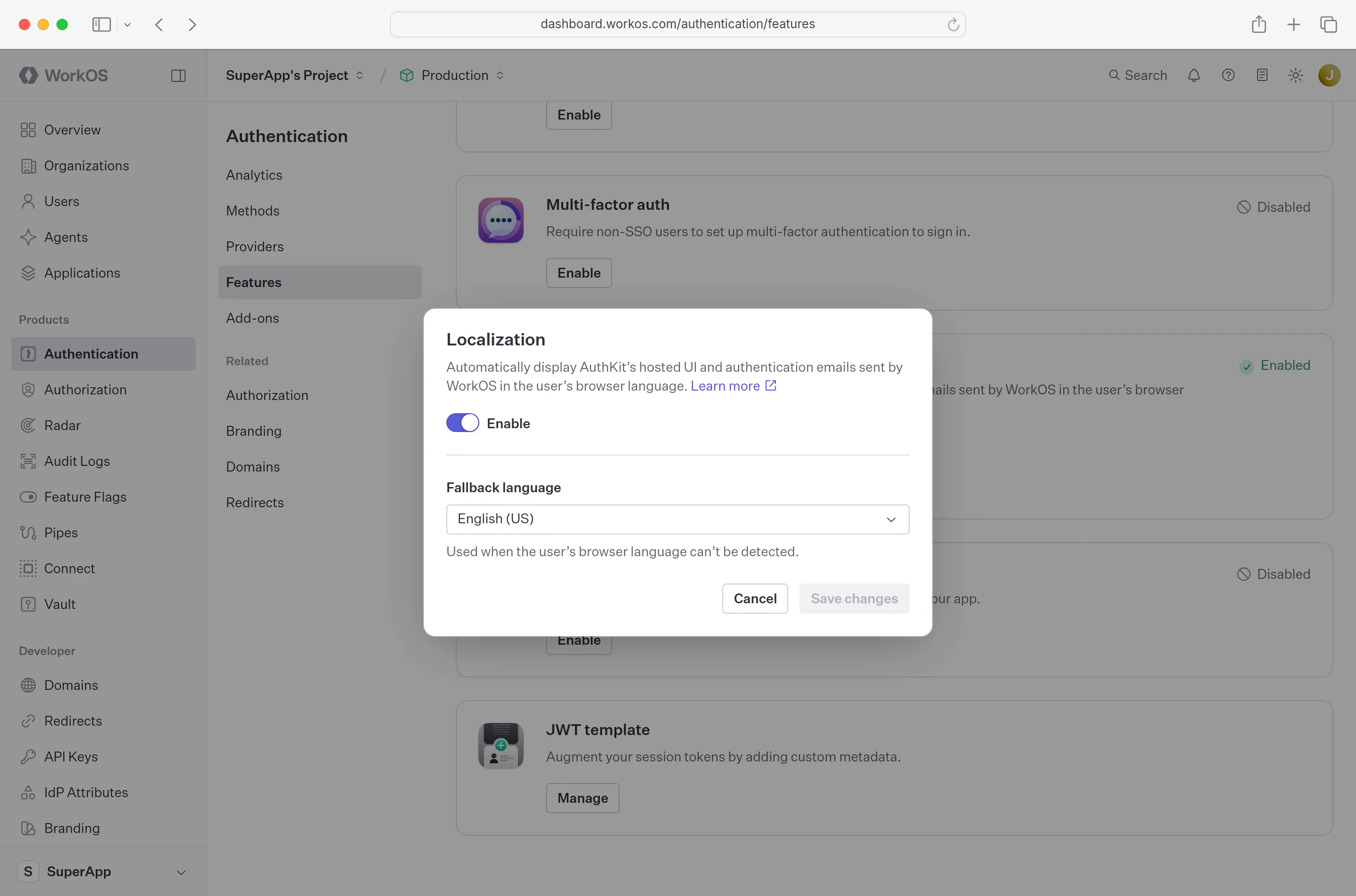 With localization, you can change the environment’s fallback language