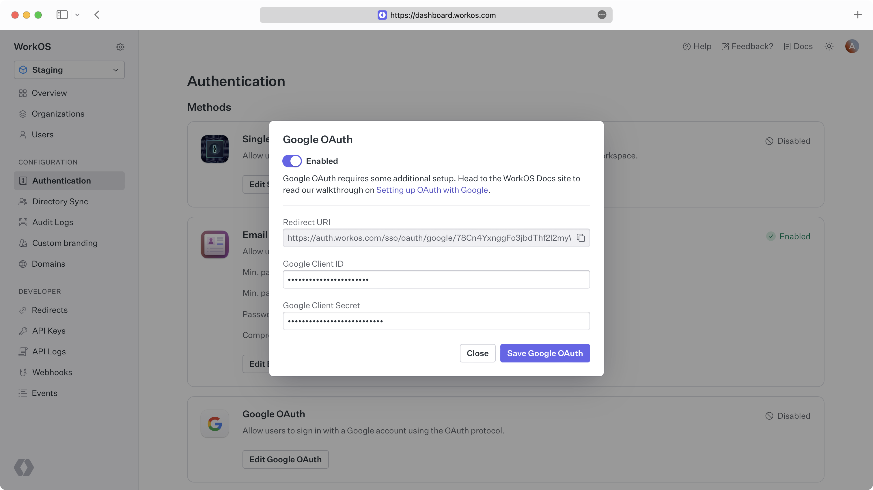 Dashboard configure OAuth settings