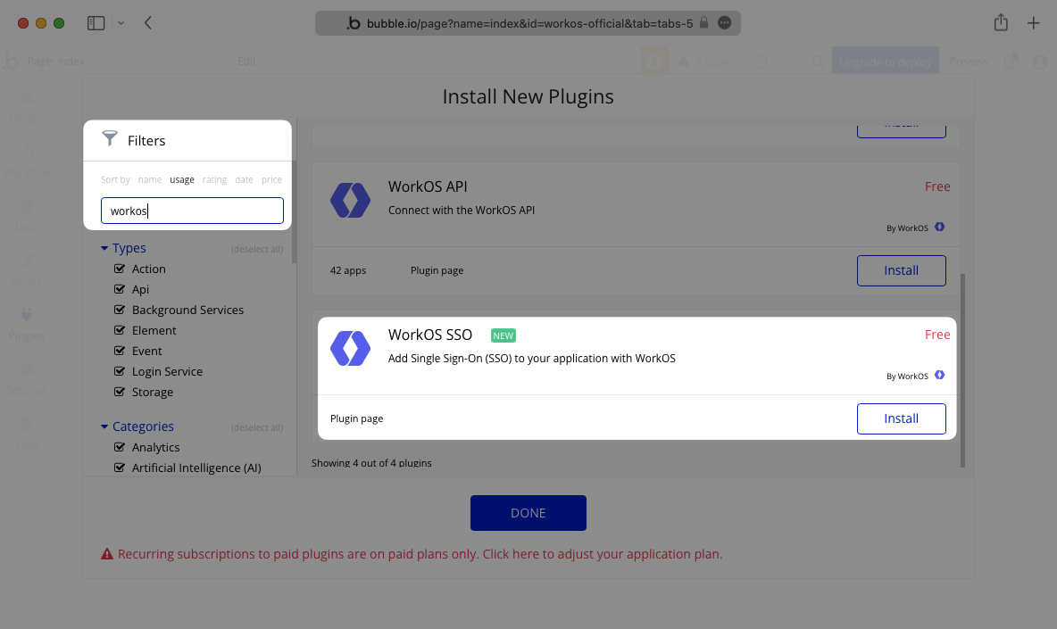 A screenshot showing how to install the WorkOS SSO plugin in Bubble.