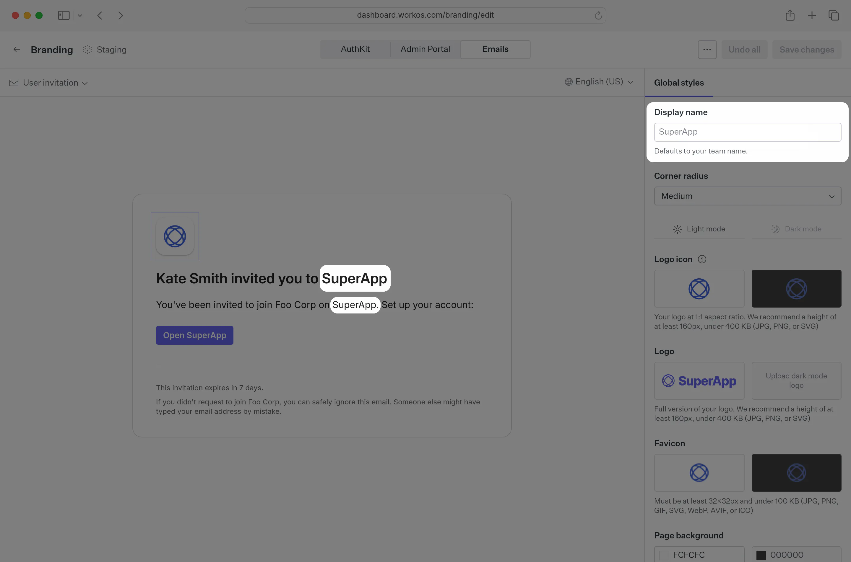 Display name highlighted in the brand editor