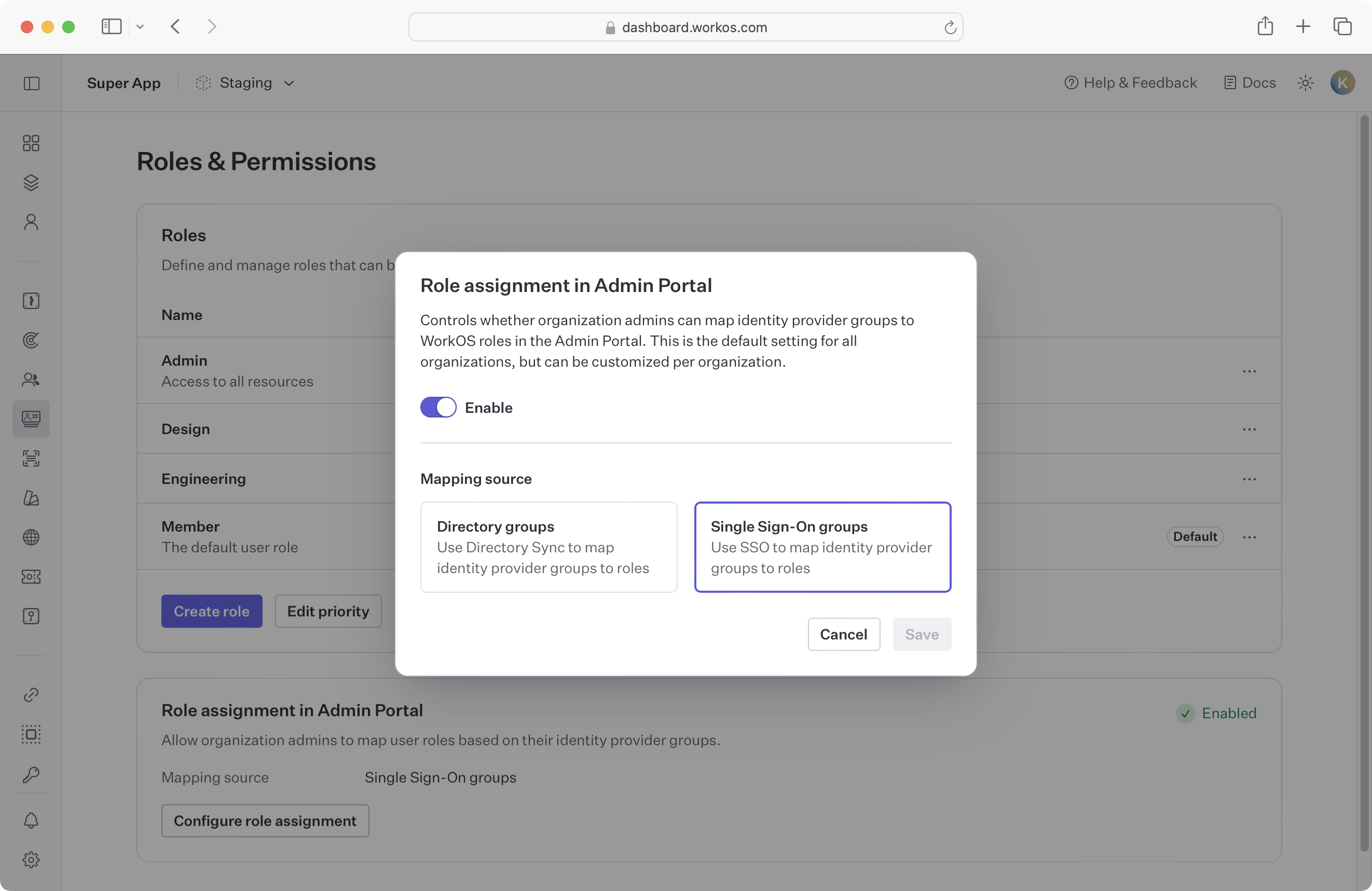 Enable SSO group role assignment dashboard setting