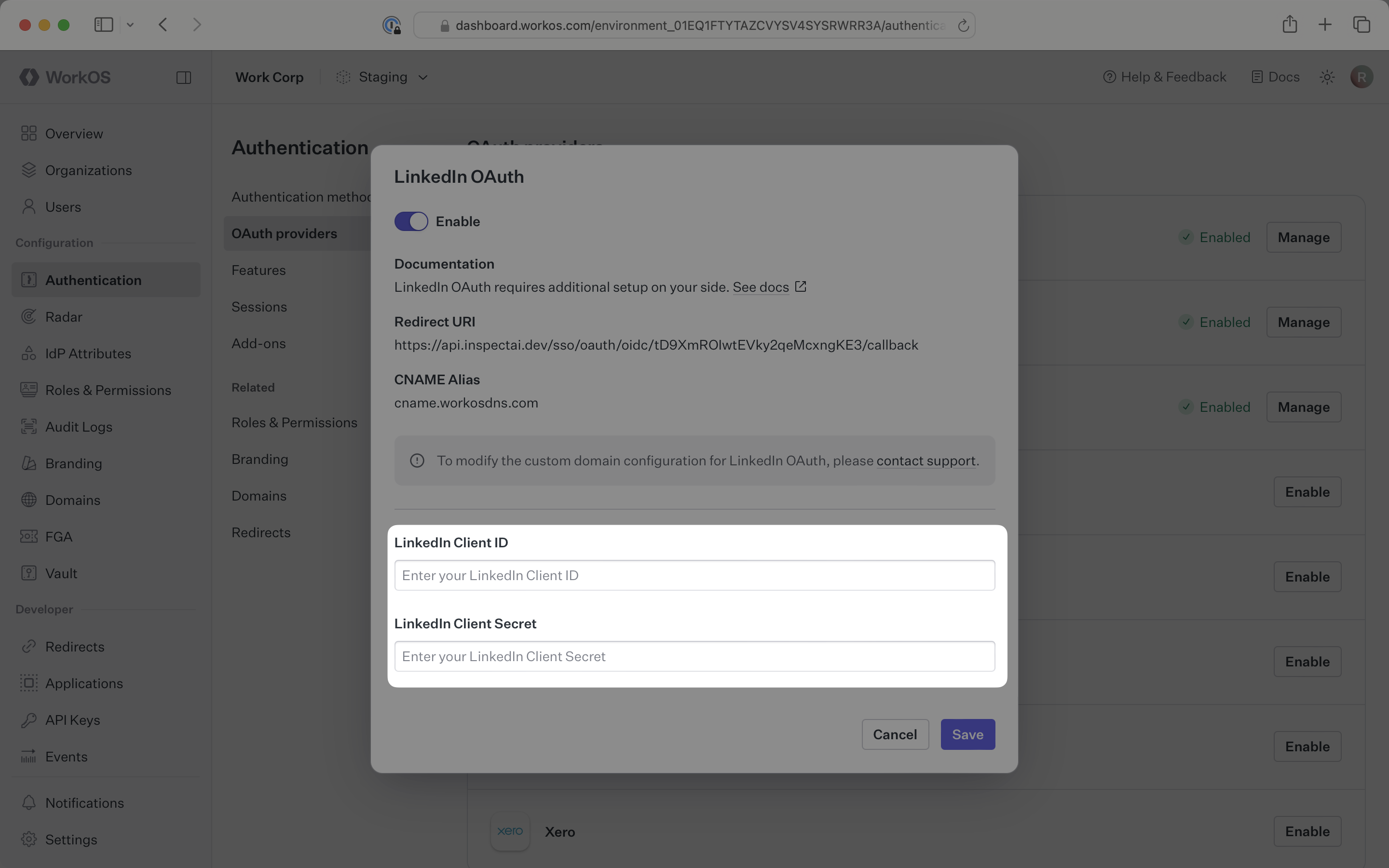 The LinkedIn OAuth configuration modal in the WorkOS Dashboard.