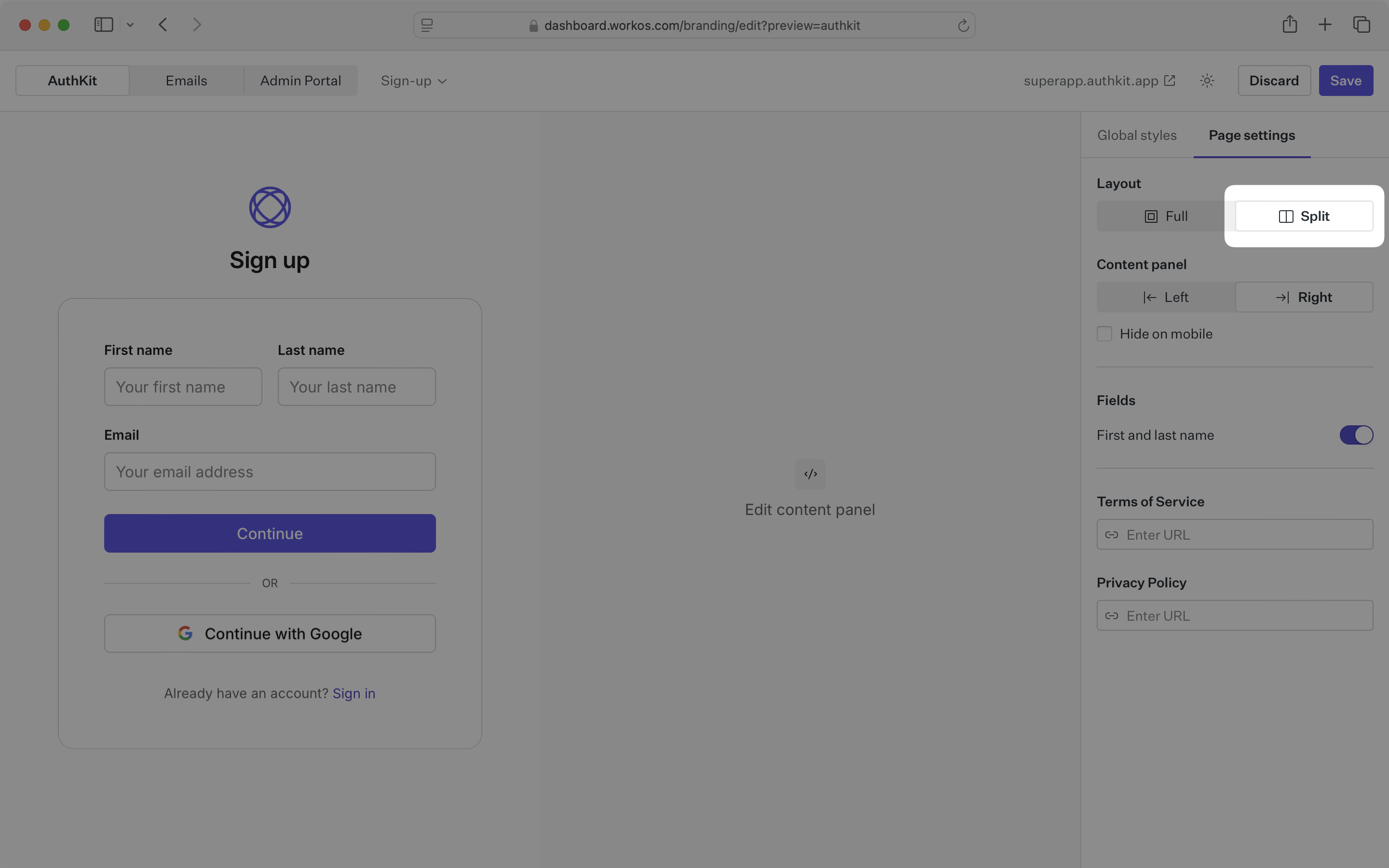 Split layout setting in the branding editor