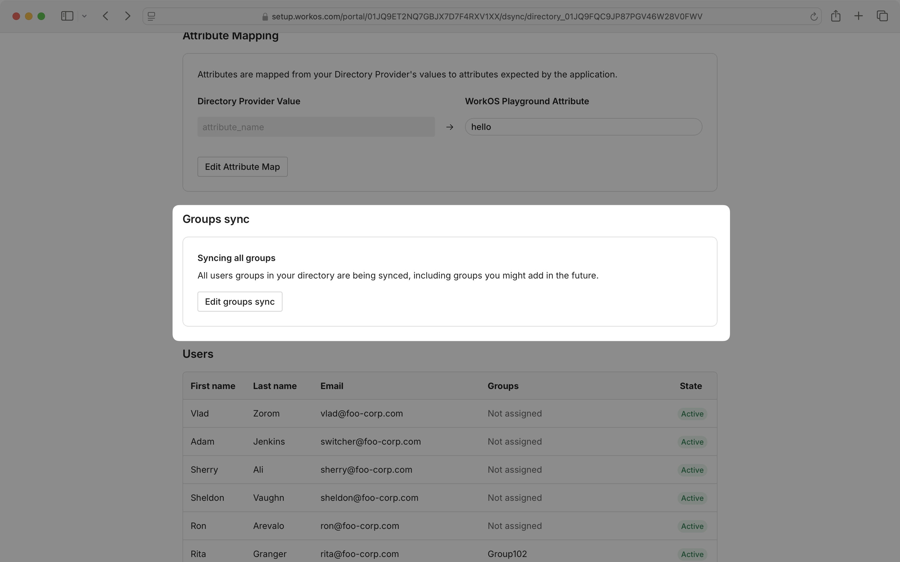 A screenshot showing editing user groups in the Admin Portal Directory Sync screen.