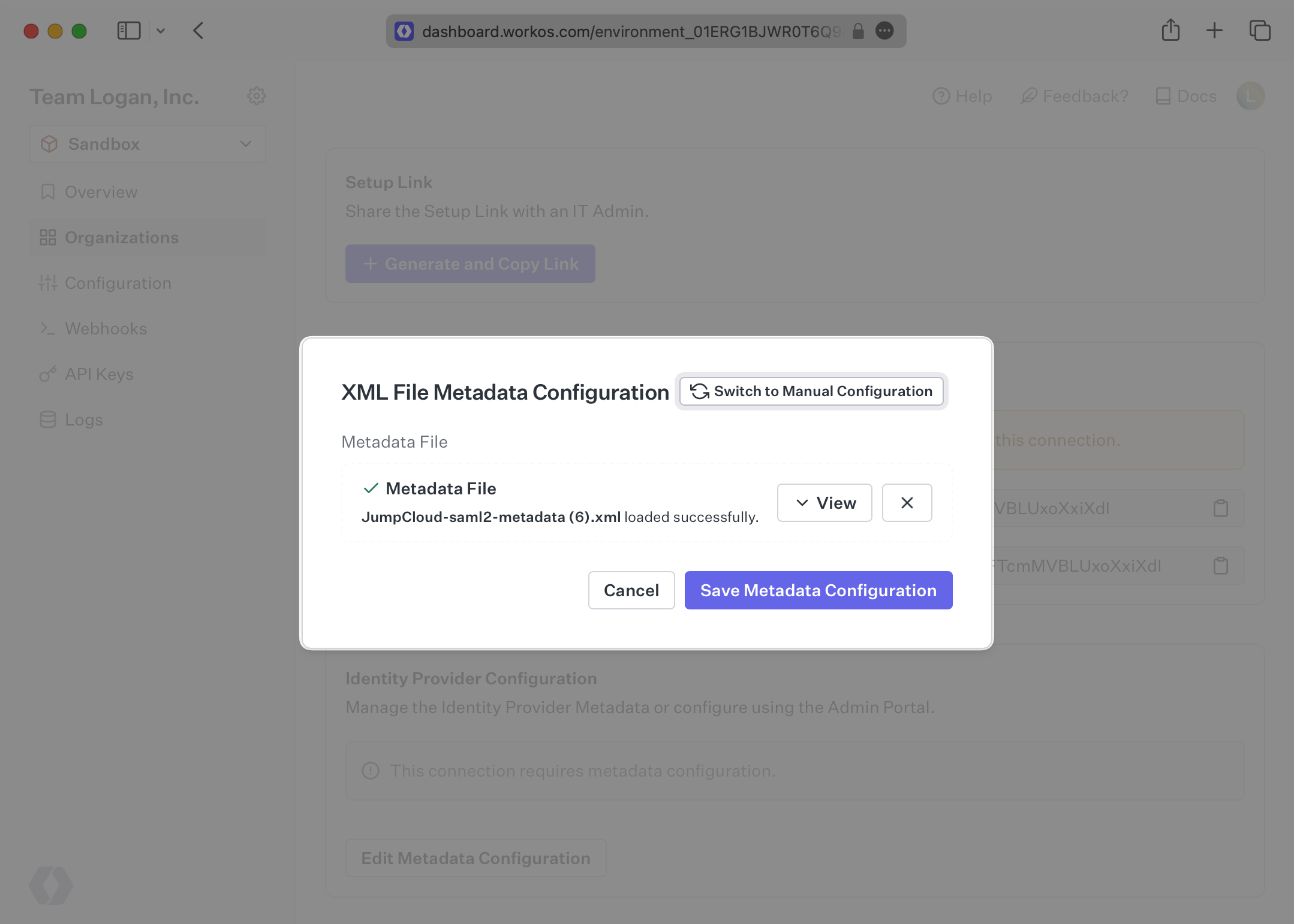 A screenshot showing the "XML File Metadata Configuration" modal in the WorkOS Dashboard.