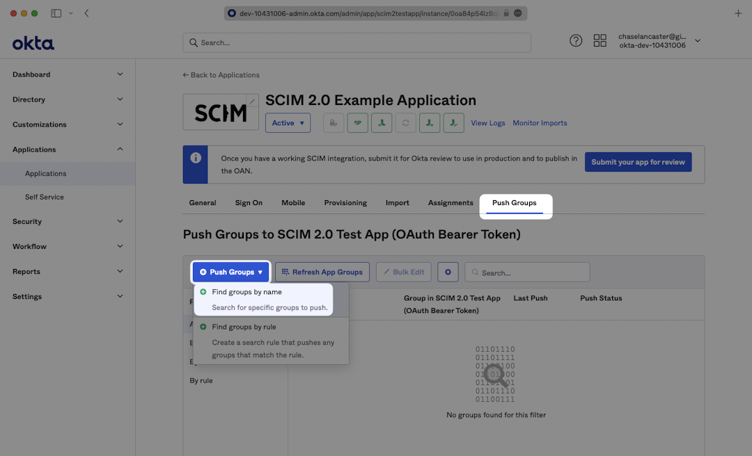 A screenshot showing where to select "Find groups by name" in the "Push Groups" dropdown in the "Push Groups" tab in Okta.