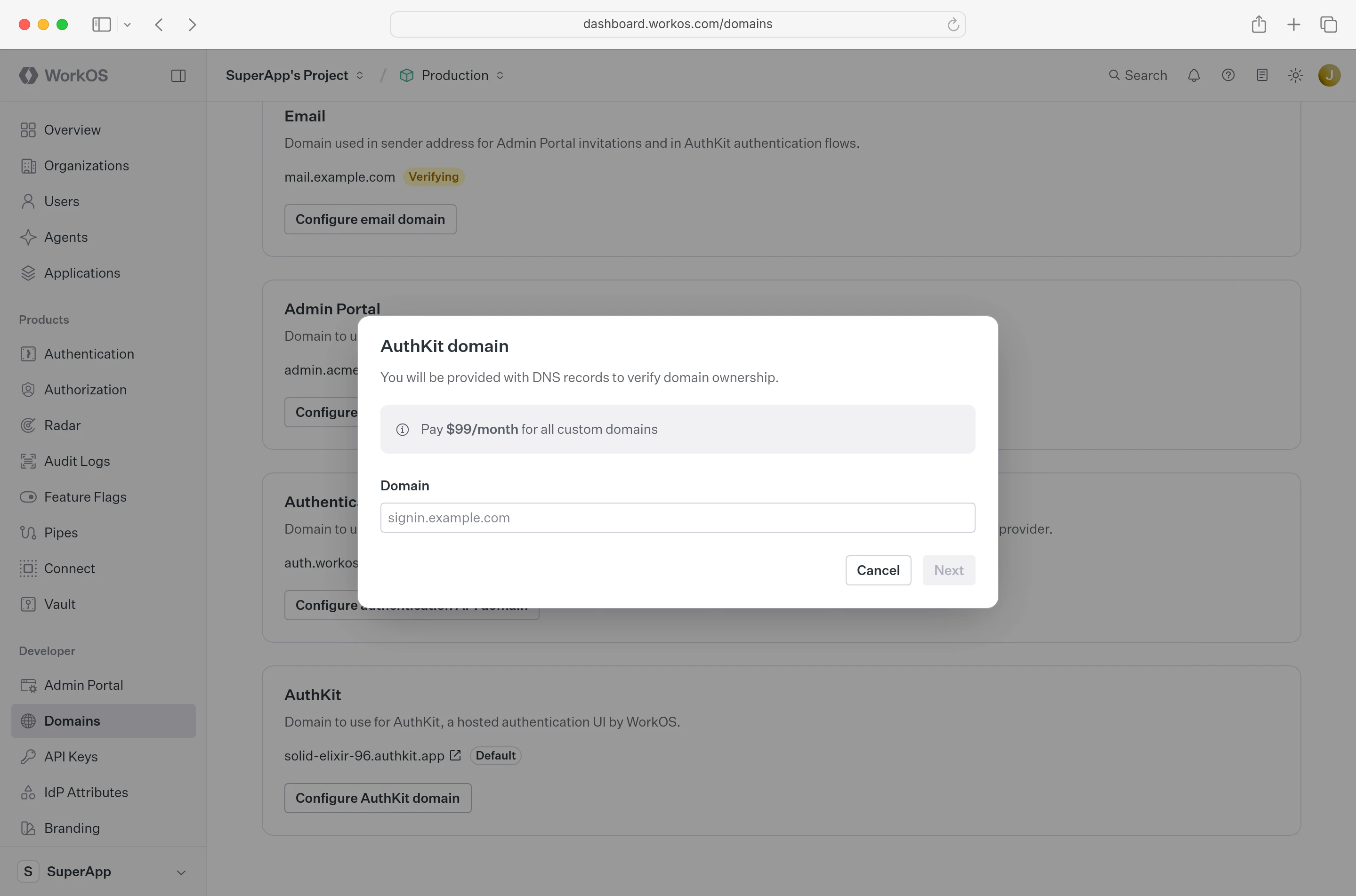 Dashboard displaying a domain entry input