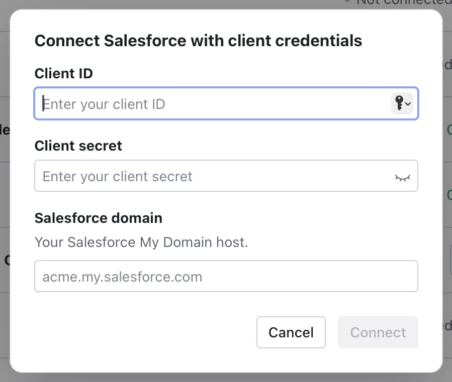 The Pipes widget “Connect Salesforce with client credentials” dialog, with fields for the client ID, the client secret, and the Salesforce My Domain host.