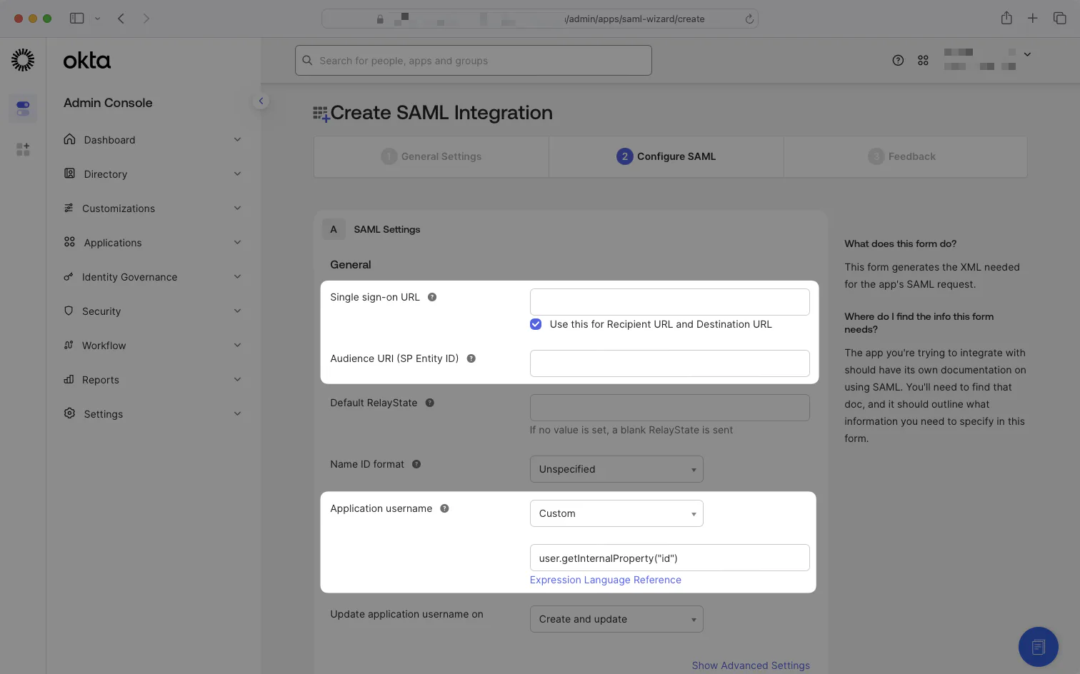 A screenshot showing where to place the WorkOS Single Sign-On URL and SP Entity ID in the Okta Dashboard.