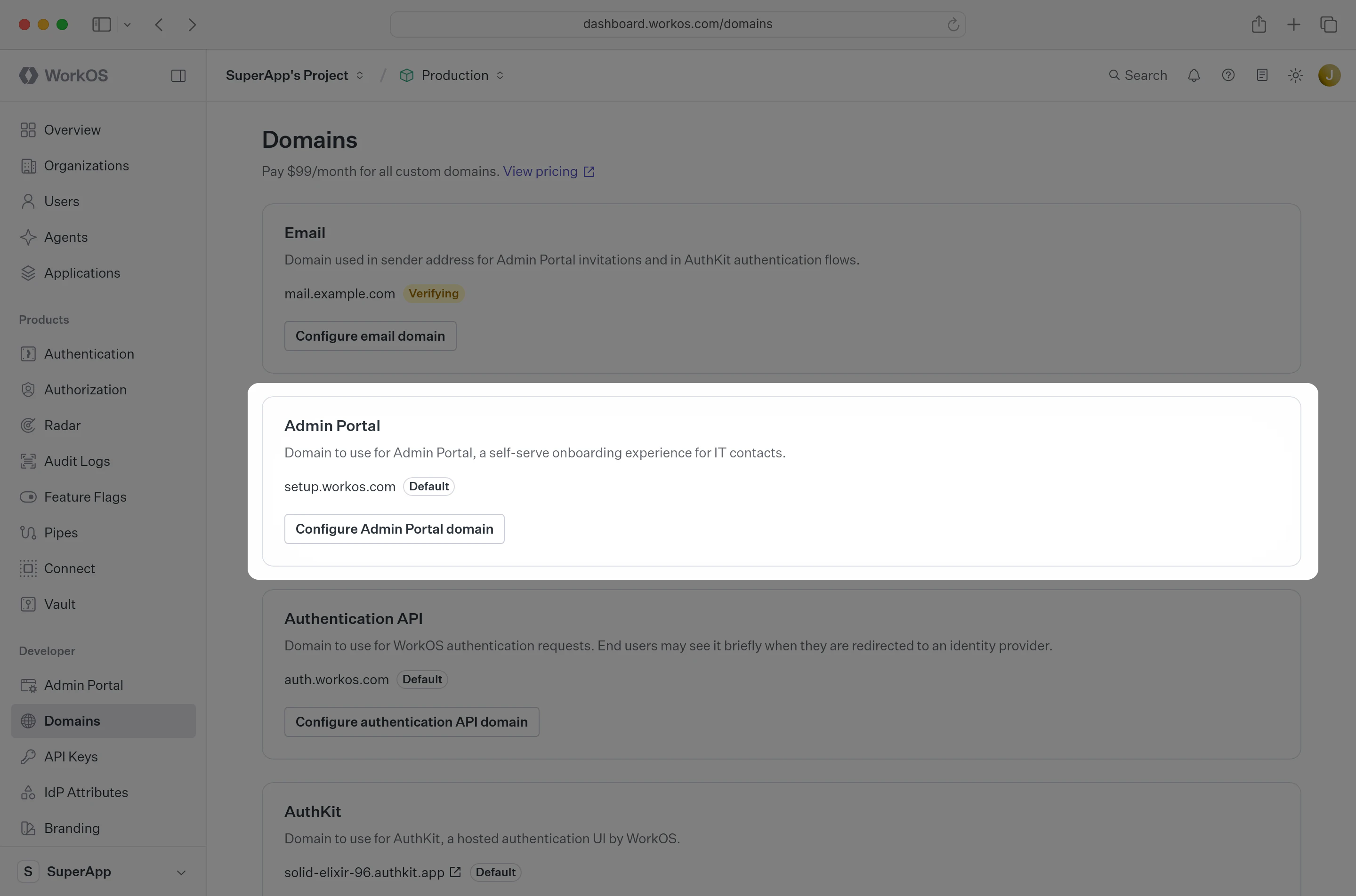 Dashboard displaying domain configuration settings