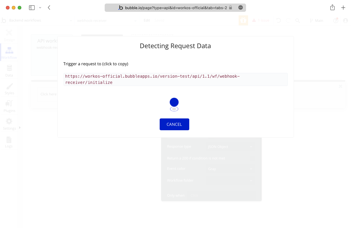 A screenshot showing when a backend workflow is ready to detect data in Bubble.