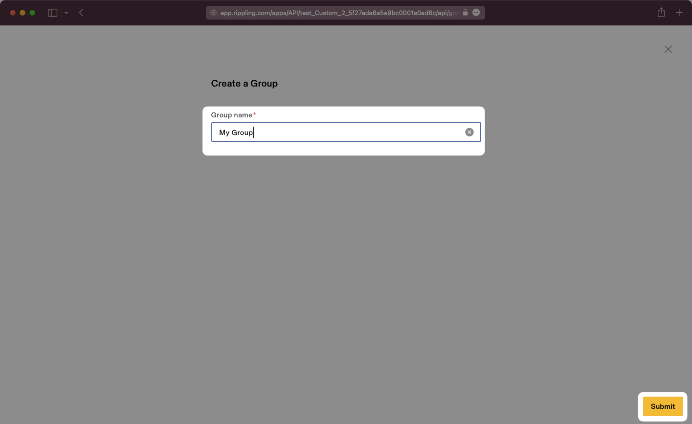 A screenshot showing where to name a group in Rippling.