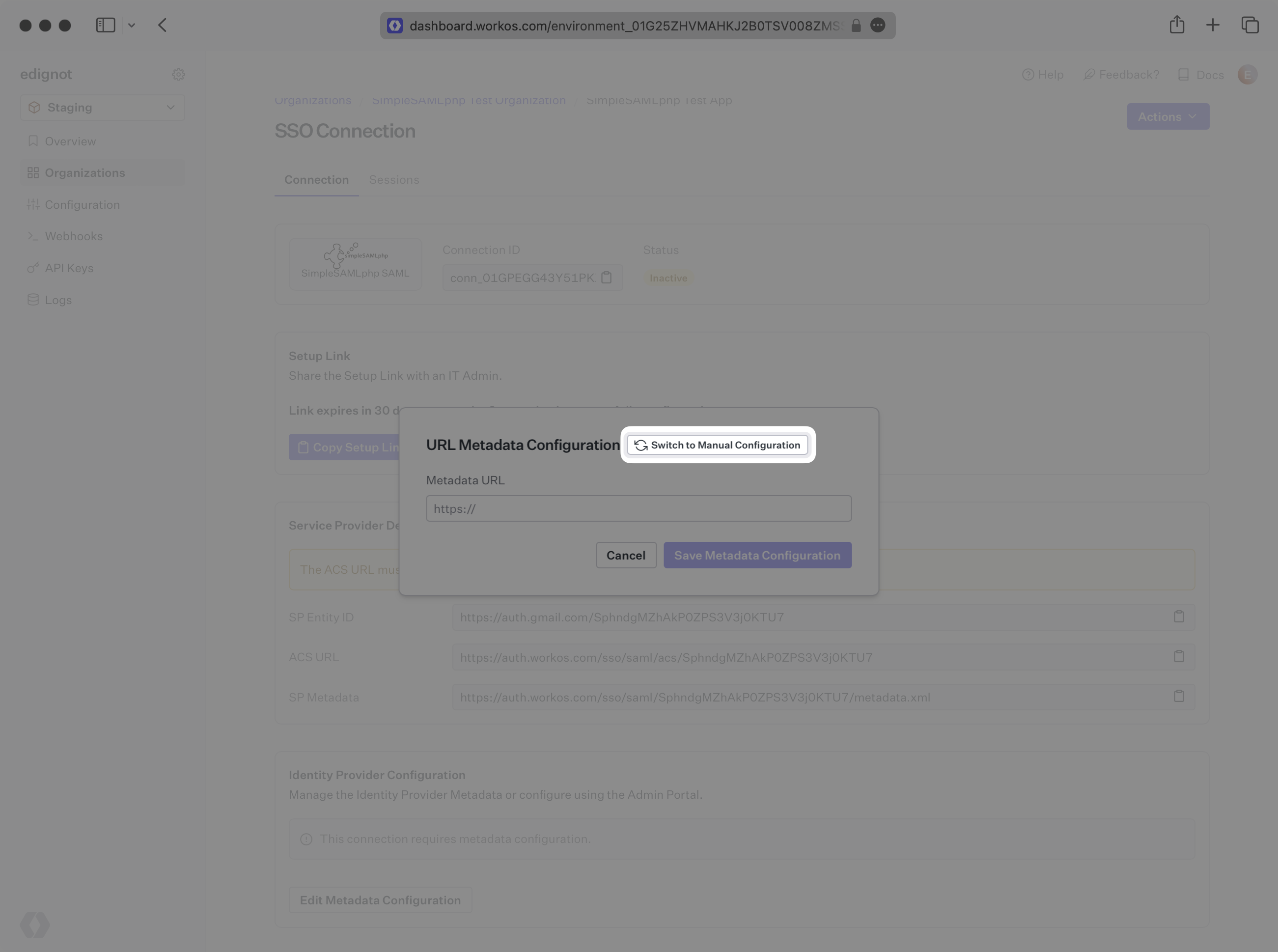 A screenshot showing how to switch to manual IdP metadata configuration in the WorkOS dashboard.