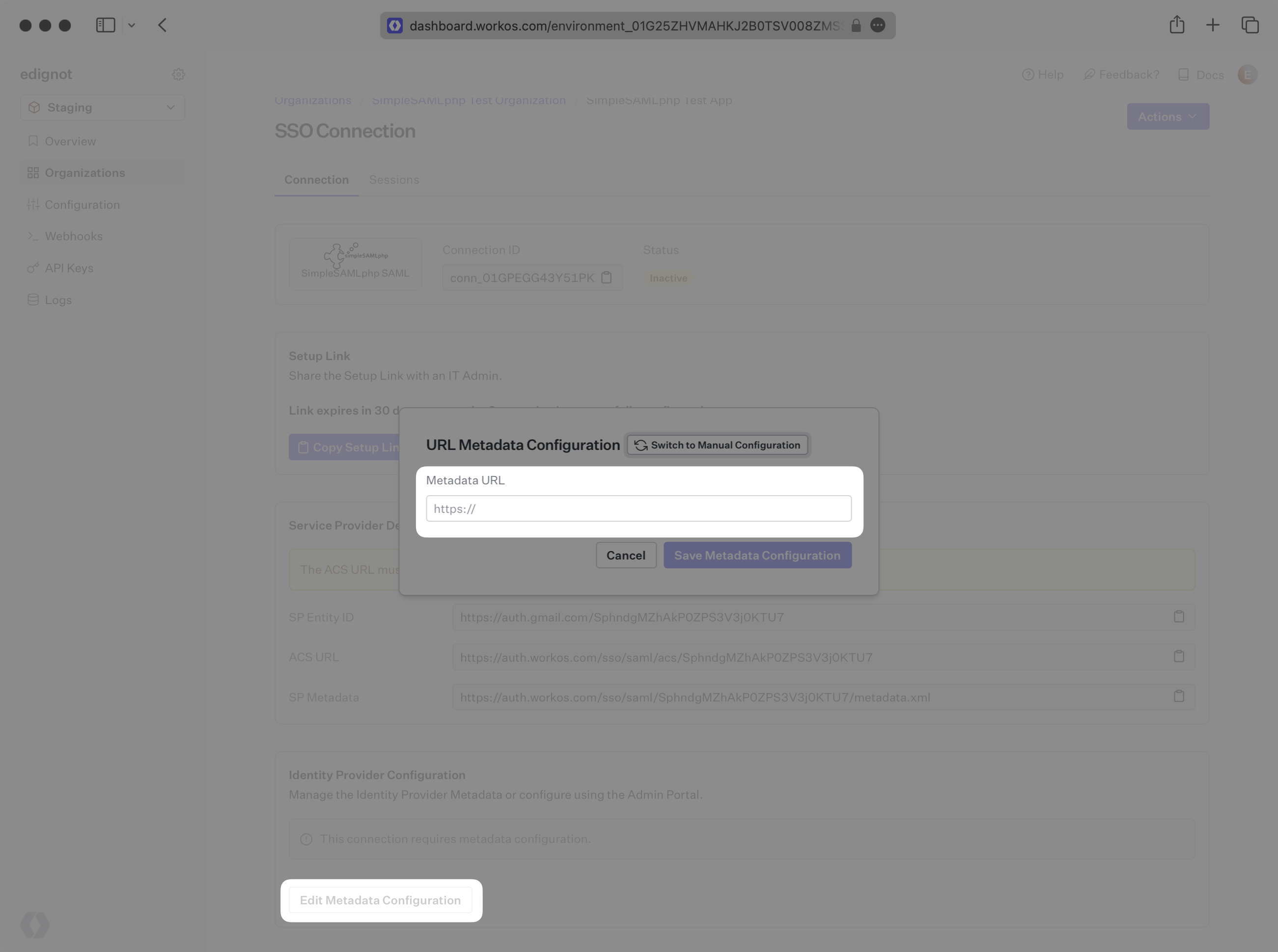A screenshot showing where to edit the IdP metadata URL in the WorkOS dashboard.