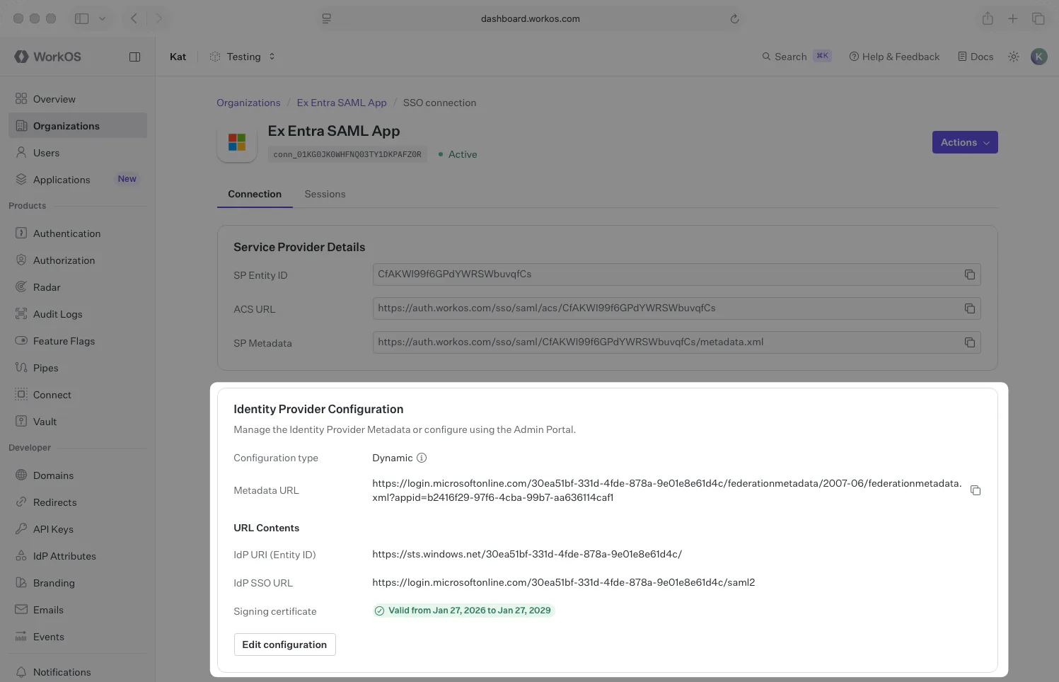 A screenshot showing where to select "Edit Configuration" on the "SSO Connection" page in the WorkOS dashboard.