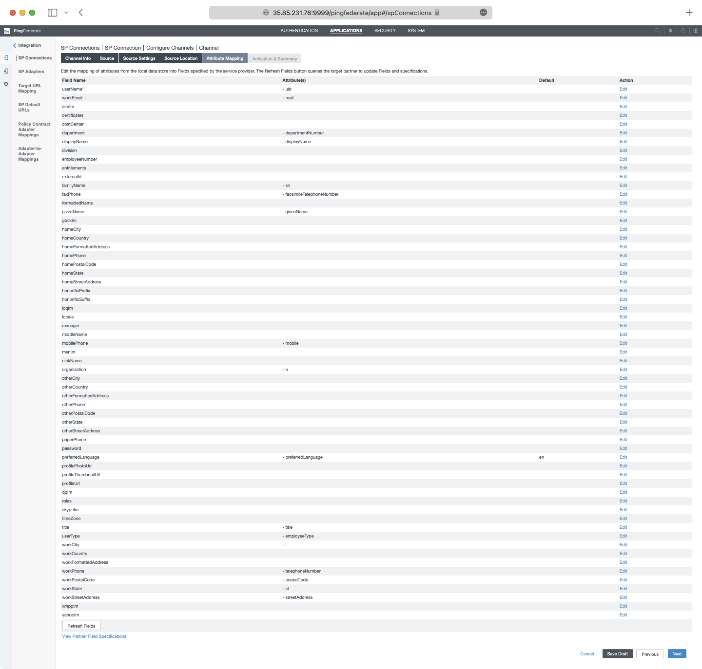 A screenshot showing where to configure attribute mapping in PingFederate.