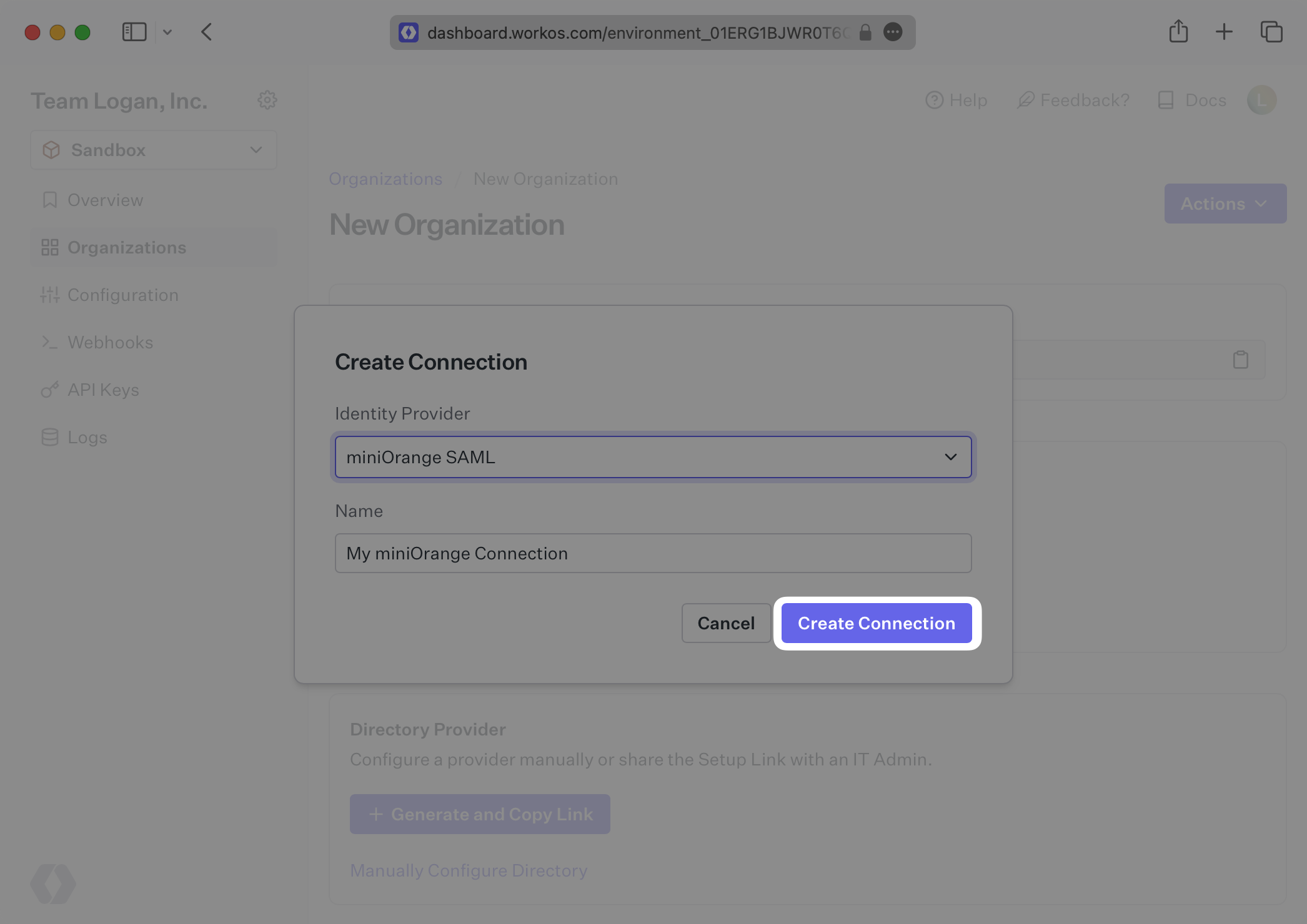 A screenshot showing a miniOrange connection being created in the WorkOS Dashboard.