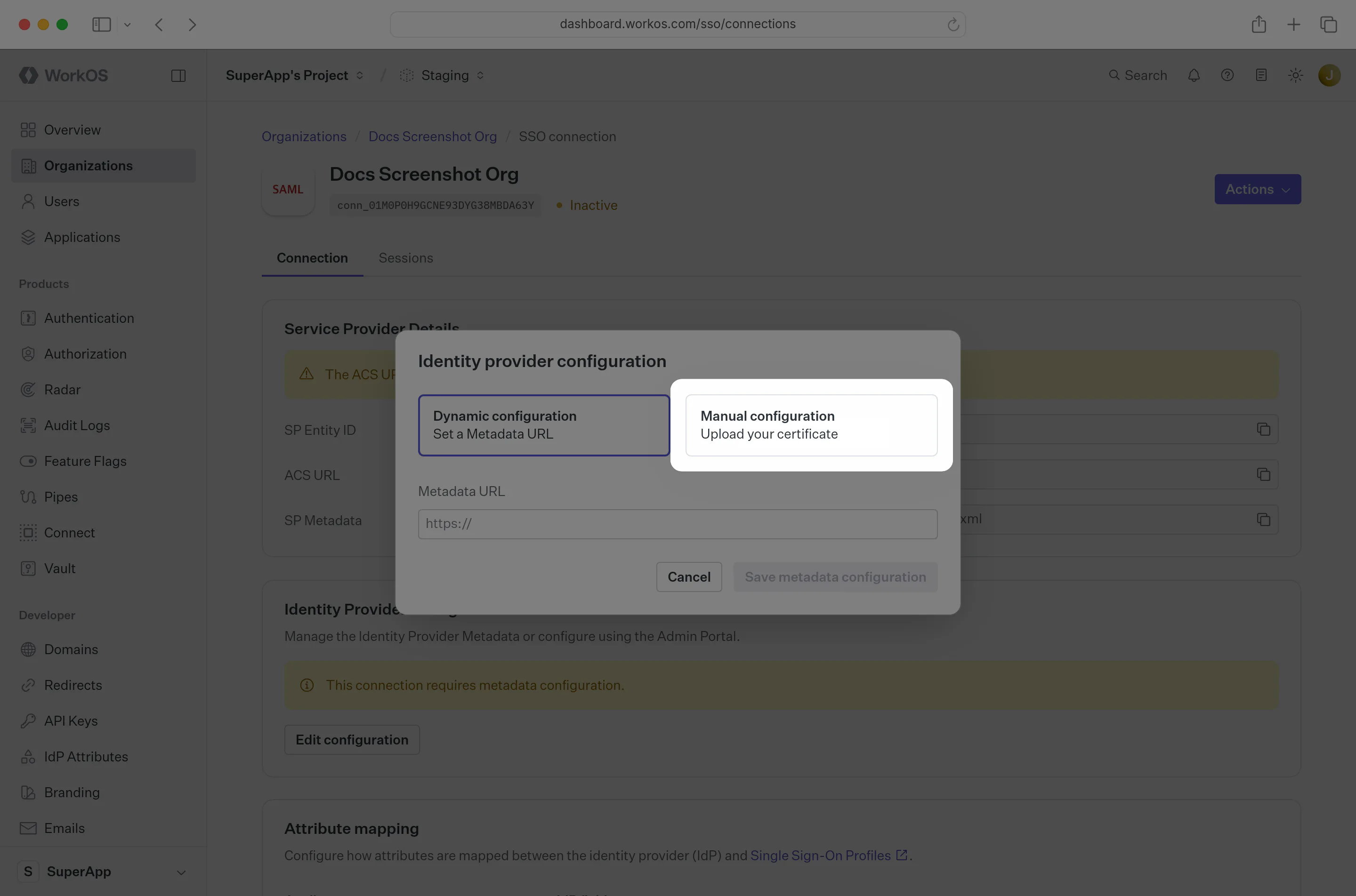 A screenshot highlighting the “Switch to Manual Configuration” button on the URL Metadata Configuration modal of a CAS SAML connection in the WorkOS Dashboard.