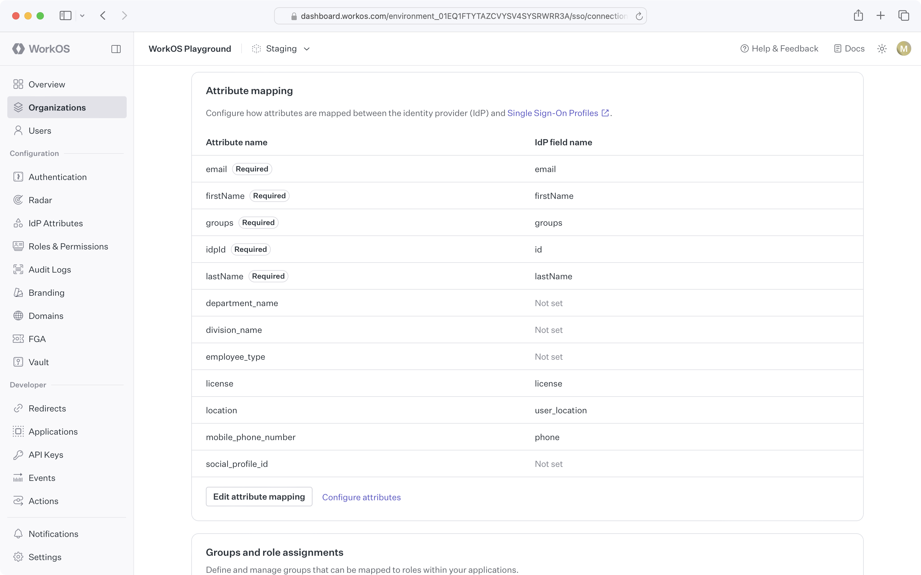 WorkOS Dashboard UI showing editing attribute mappings for a connection