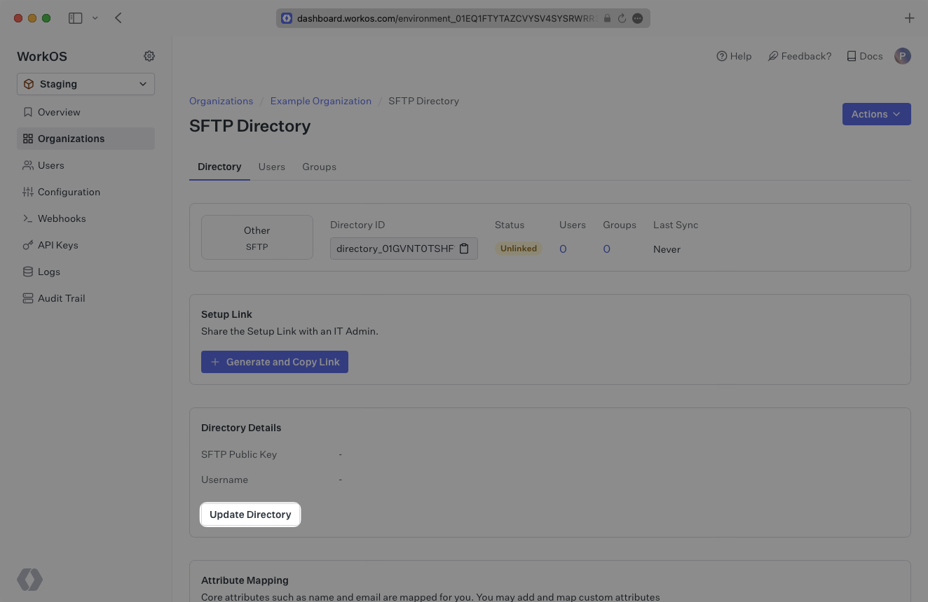 A screenshot showing where to find "Update directory" for an Organization in the WorkOS Dashboard.