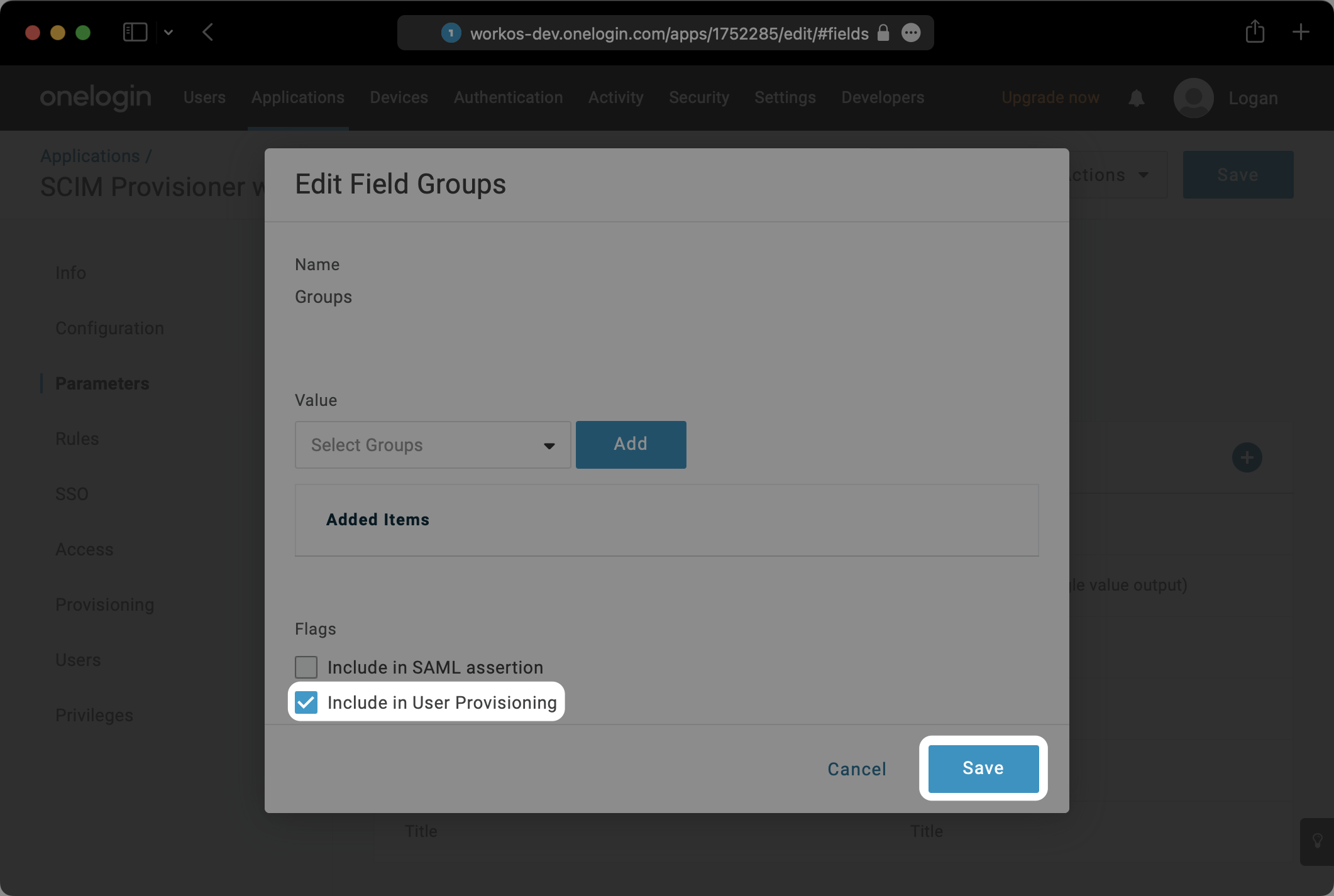 A screenshot showing how to select "Include in User Provisioning" in the "Parameters" tab in OneLogin