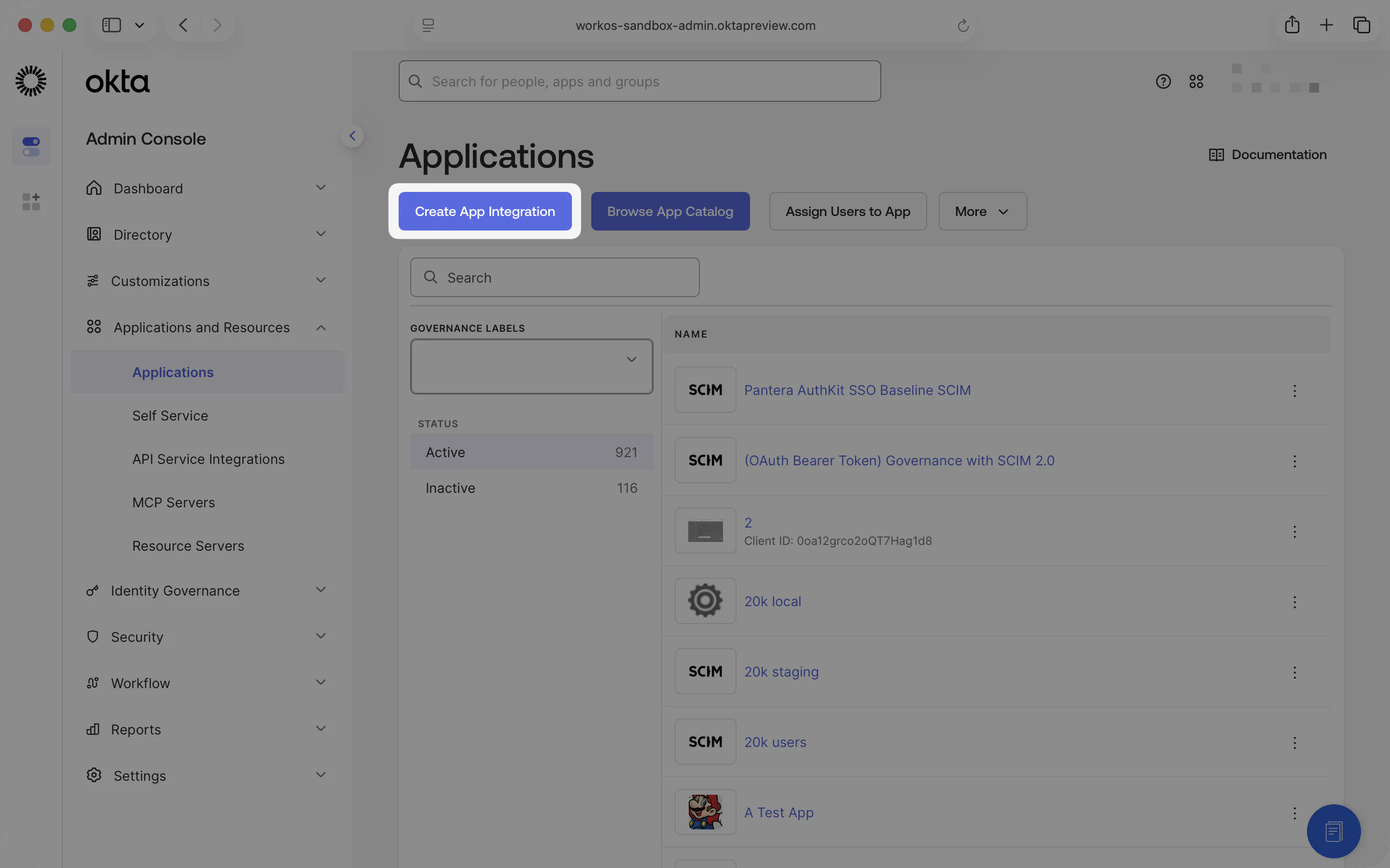 A screenshot showing how to select “Create App Integration” in the Okta Dashboard.