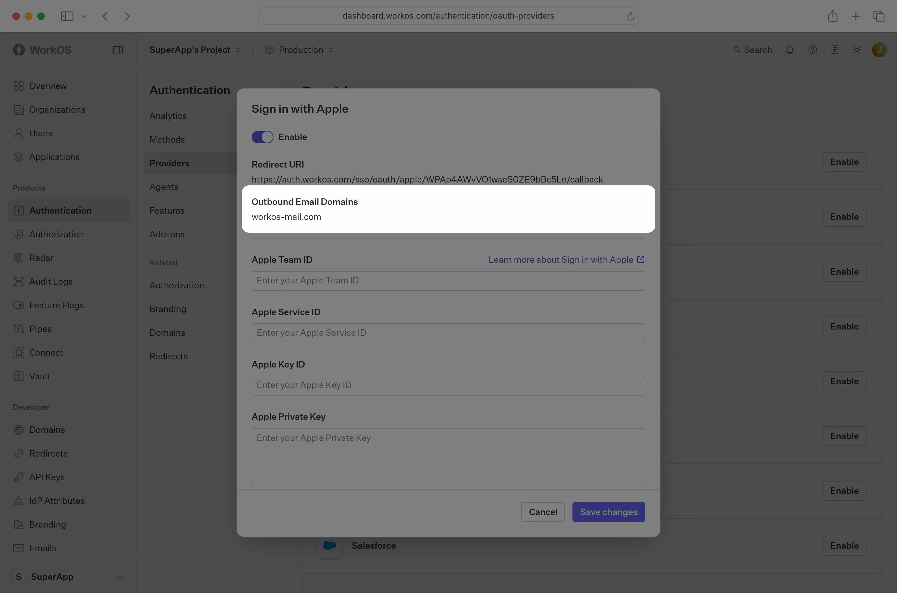Sign in with Apple configuration modal in the WorkOS dashboard with outbound email domains control highlighted.