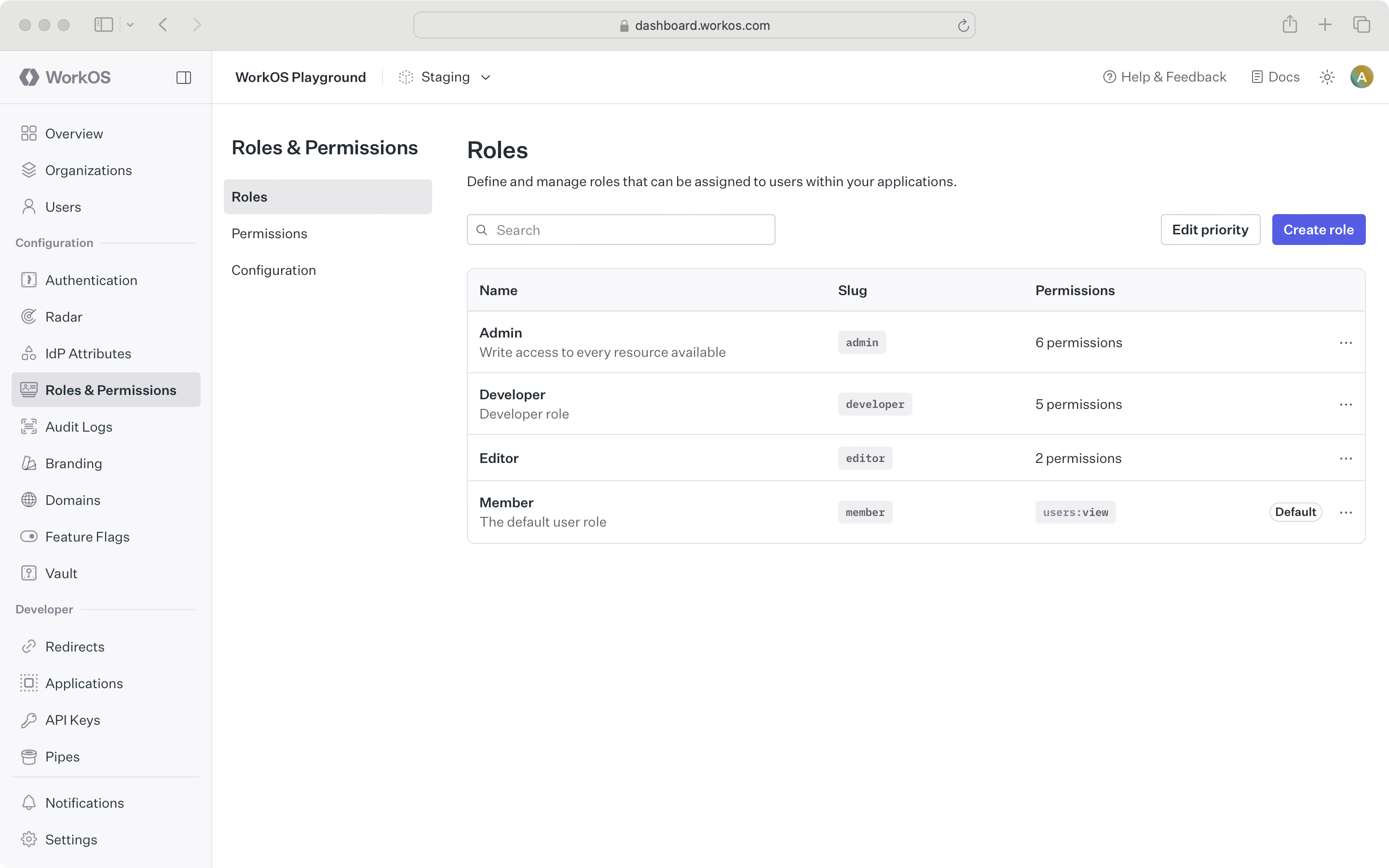 Roles section WorkOS Dashboard