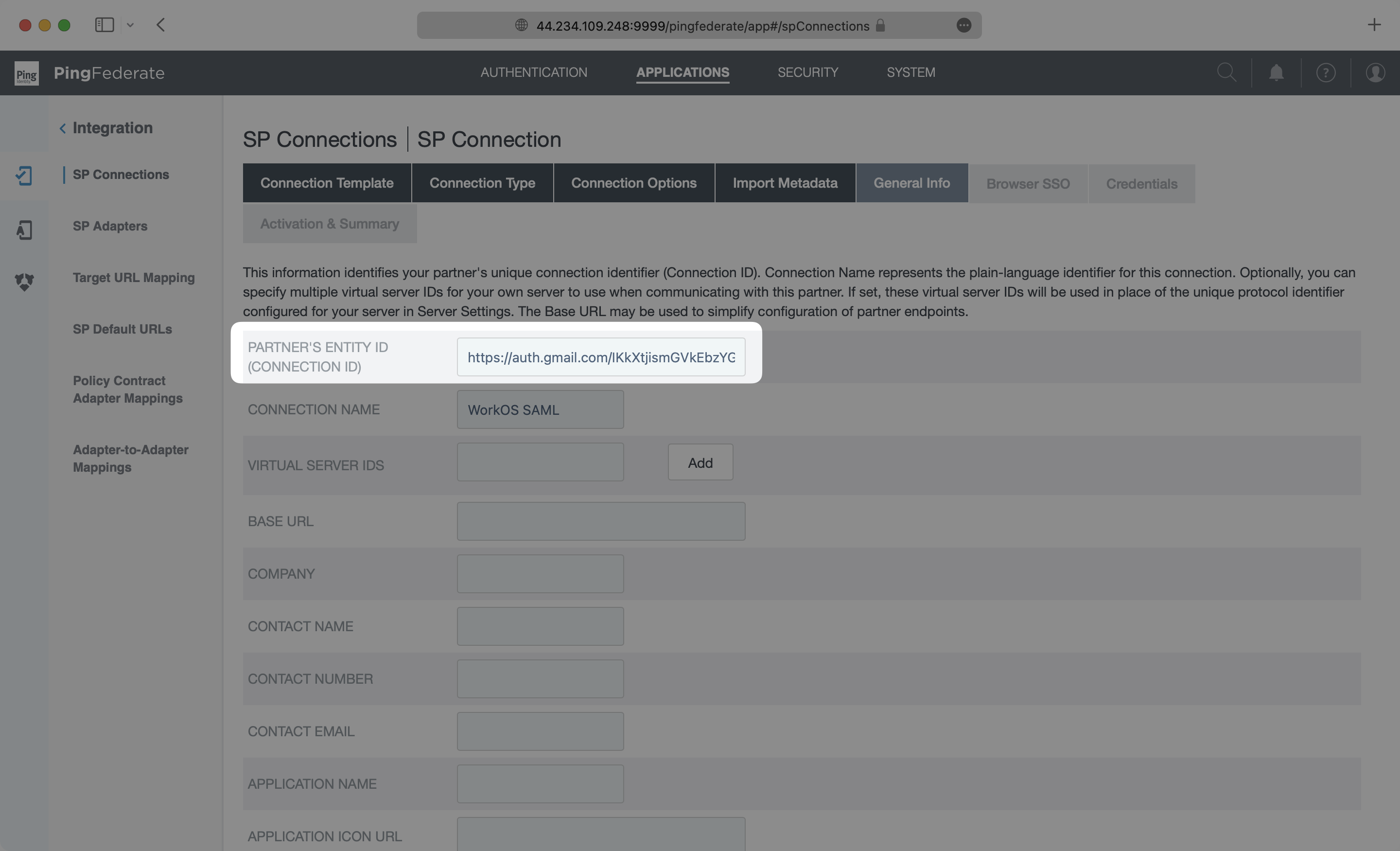 A screenshot showing where to set the SP Entity ID in the PingFederate settings.