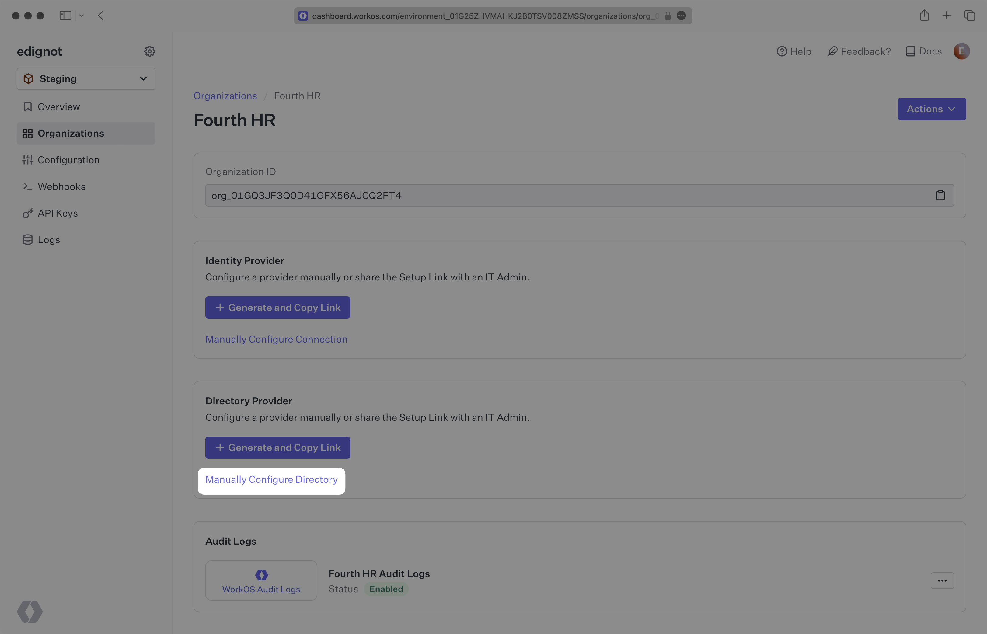 A screenshot showing where to find "Manually Configure Directory" button for an organization in the WorkOS dashboard.