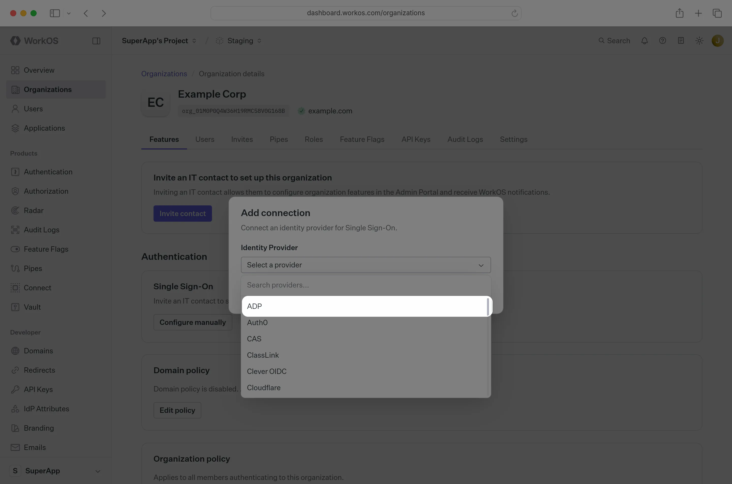 A screenshot showing “Create Connection” details in the WorkOS Dashboard.