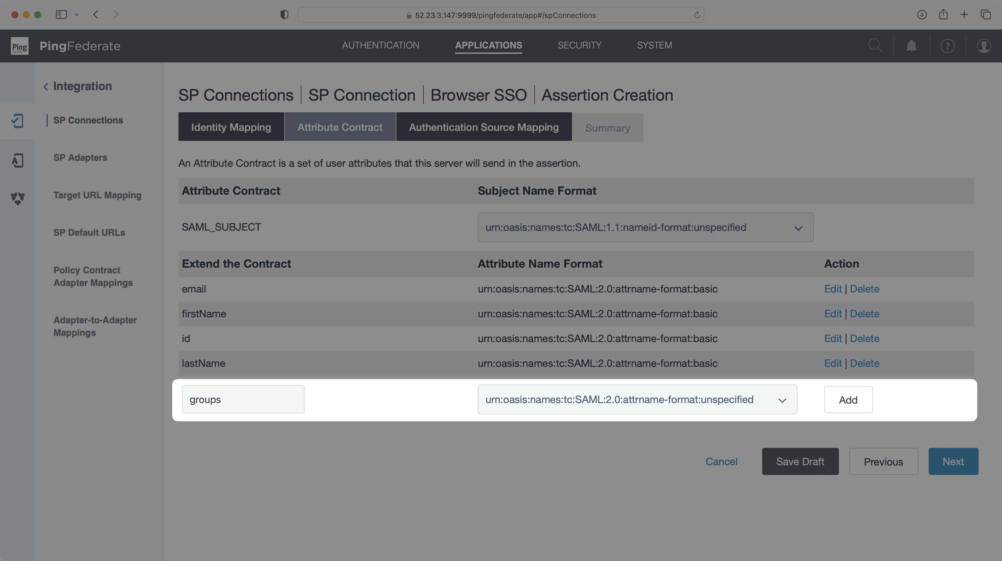 A screenshot showing where to define a groups attribute in PingFederate.