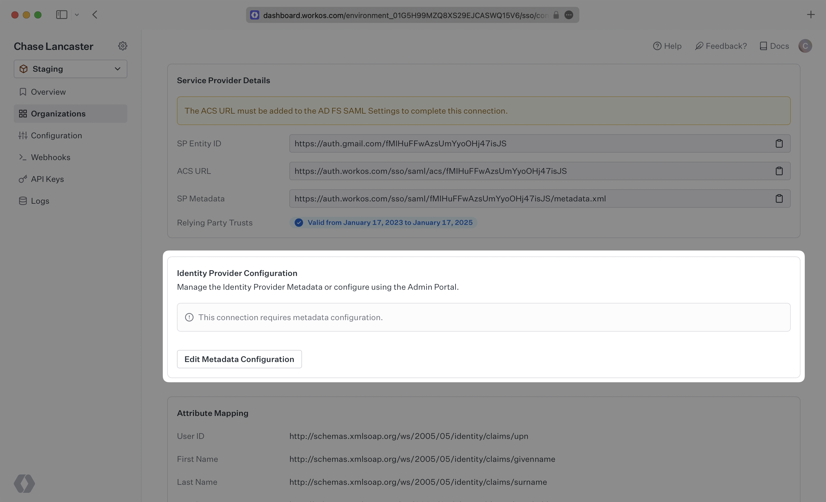 A screenshot showing where to upload the AD FS Metadata URL in the WorkOS Dashboard.