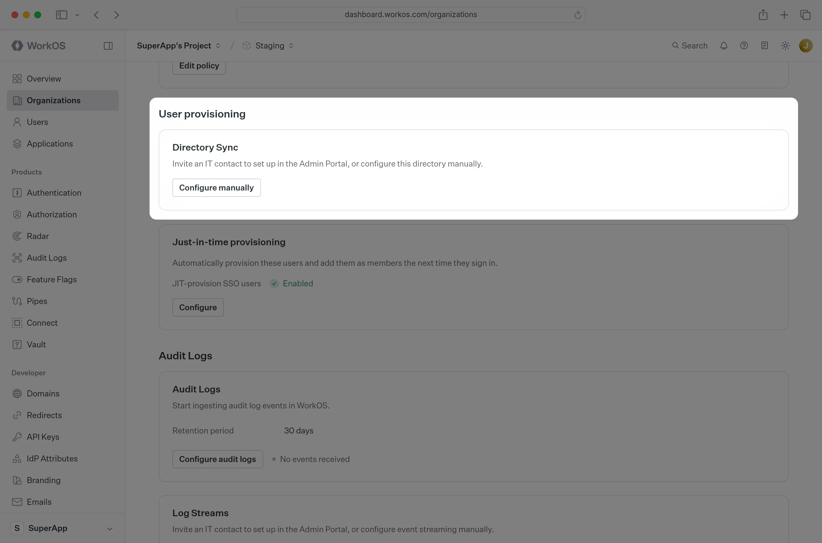 A screenshot showing where to find “Manually Configure Connection” for an Organization in the WorkOS Dashboard.