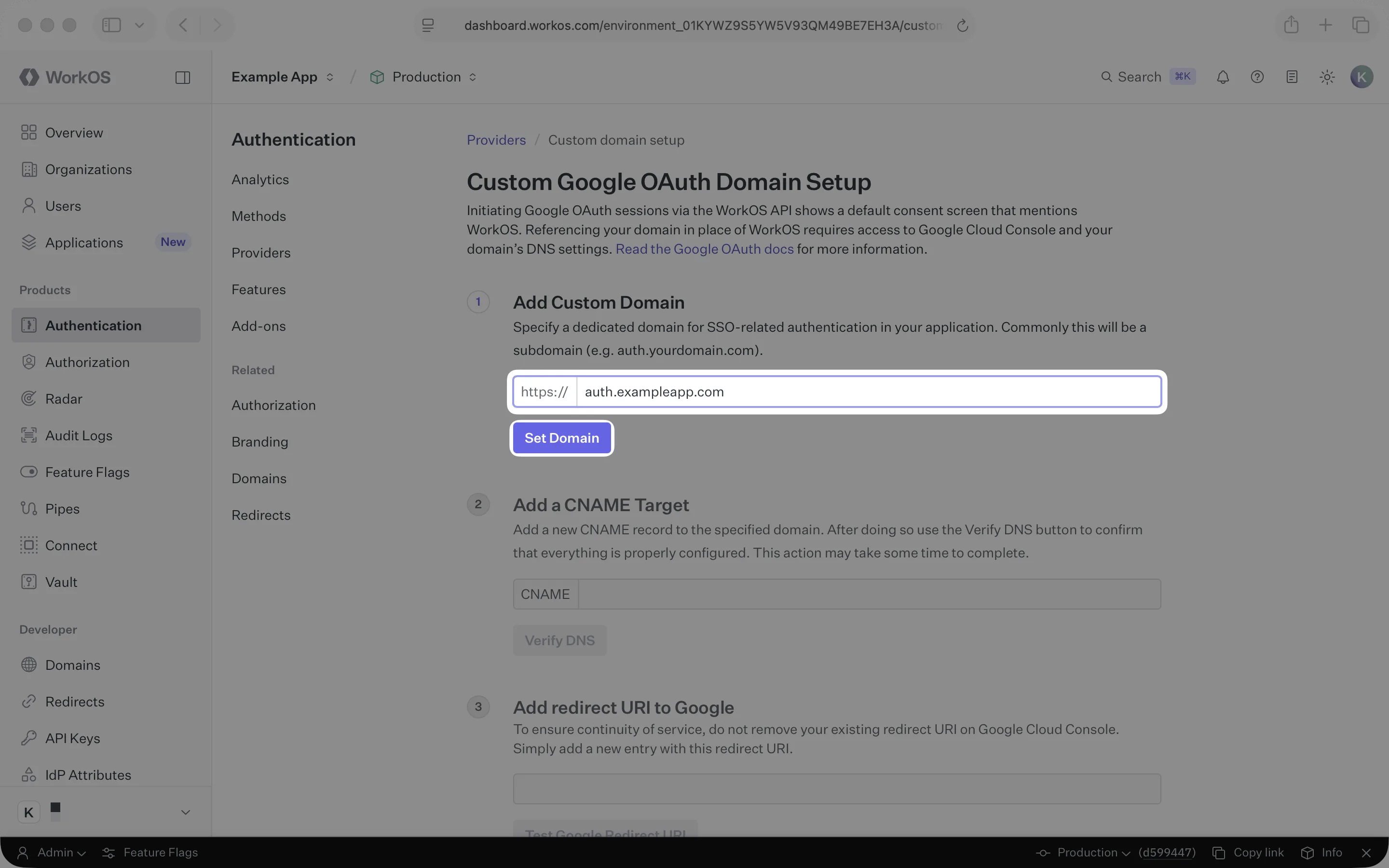 Image showing Where to add a custom domain in the WorkOS Dashboard.