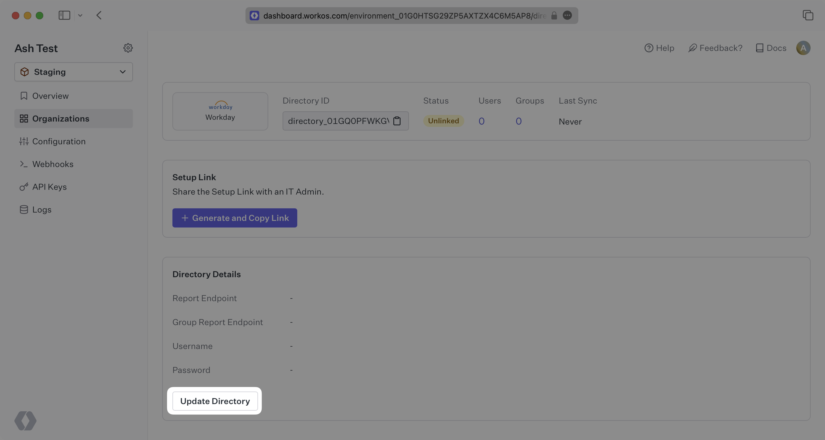 A screenshot showing where to find the "Update Directory" button in the WorkOS Dashboard.