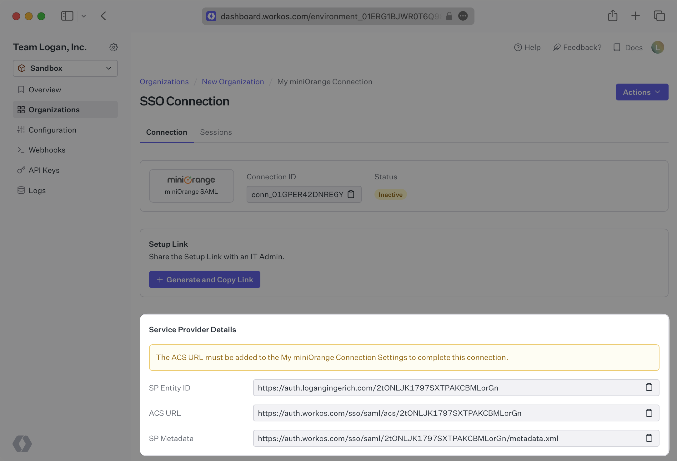 A screenshot showing the Service Provider Details provided by WorkOS for a miniOrange connection in the WorkOS Dashboard.