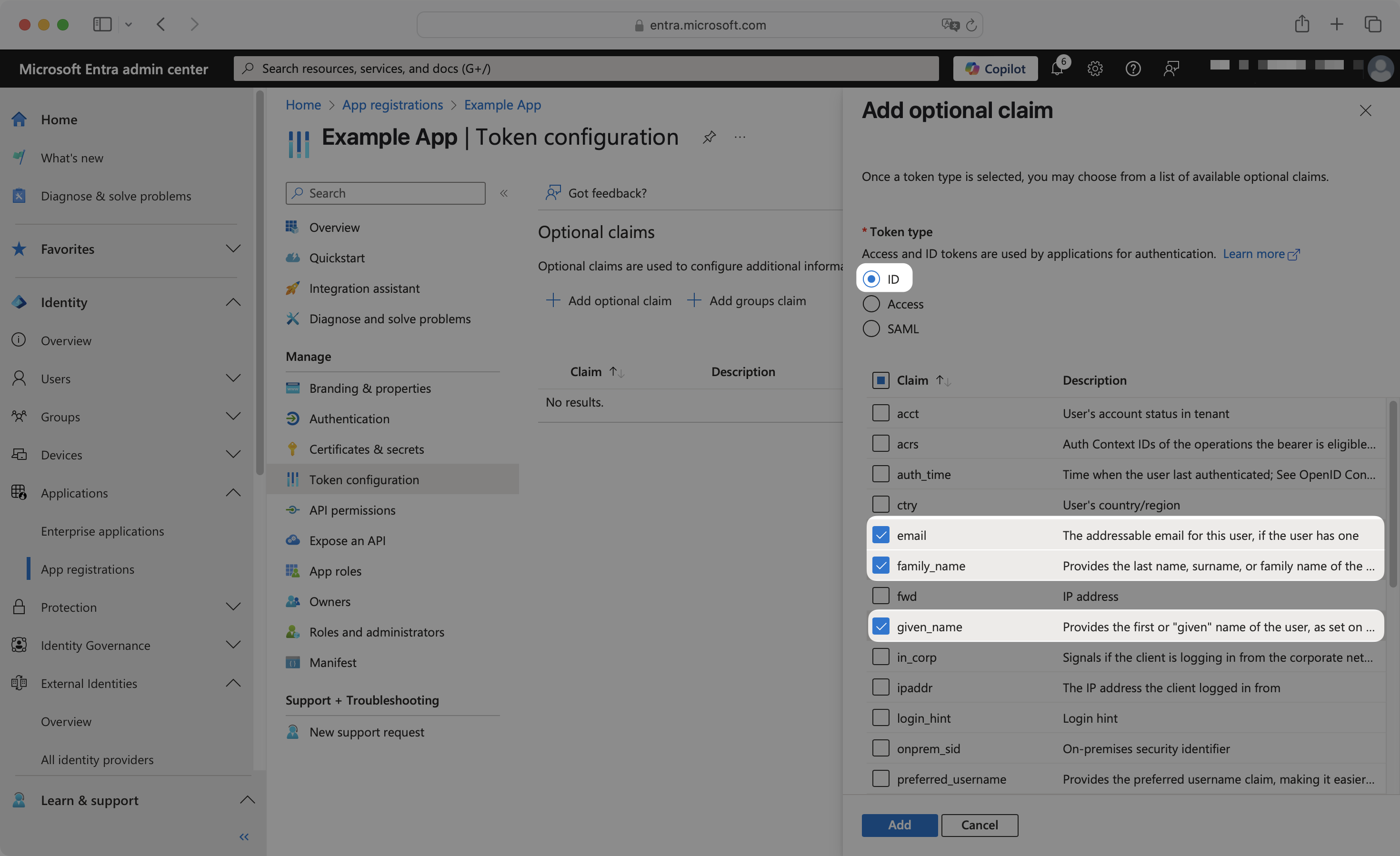 Optional claims dialog with ID token type selected and email, family_name, given_name claims