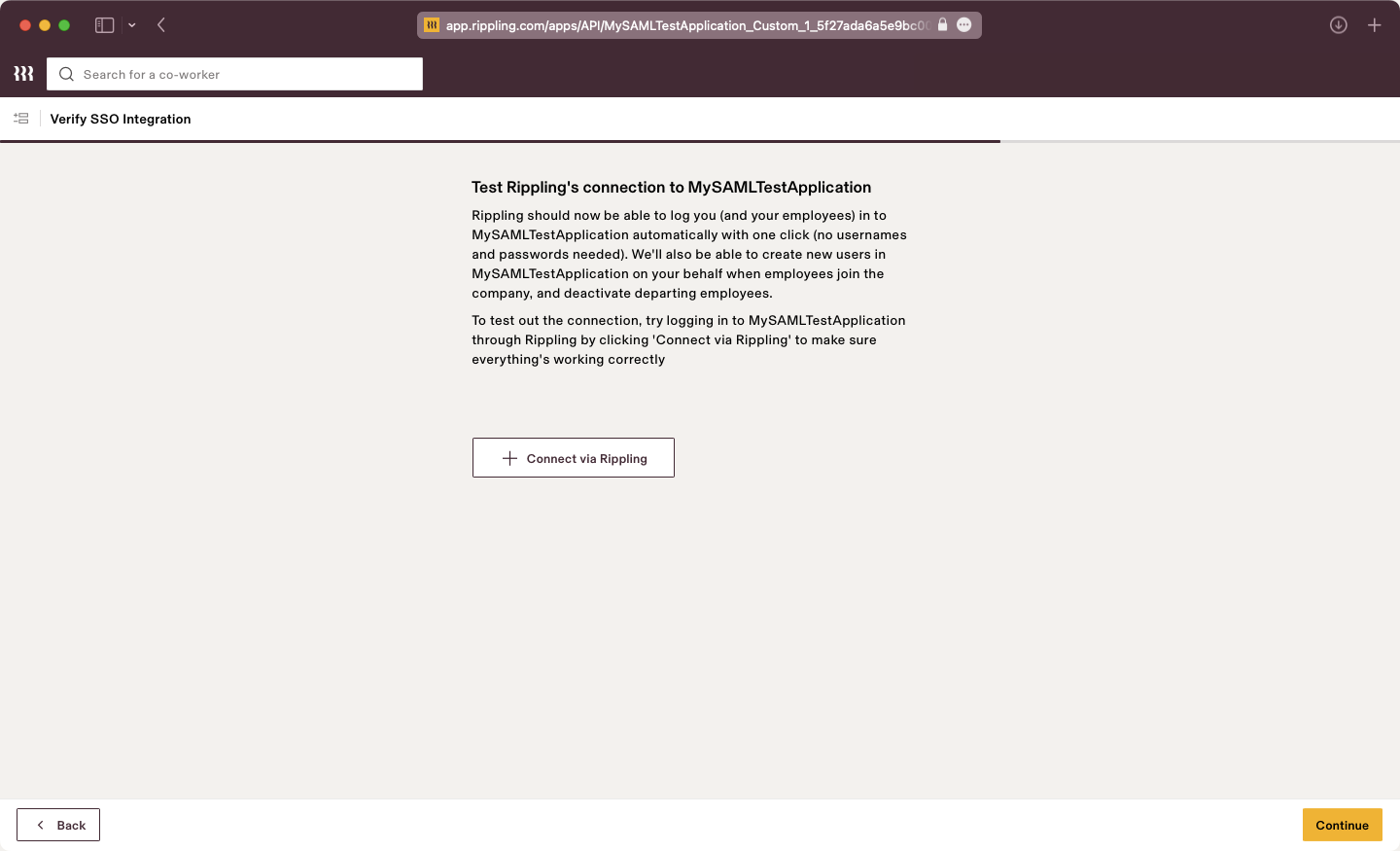 A screenshot showing where to verify an SSO connection in the Rippling dashboard.